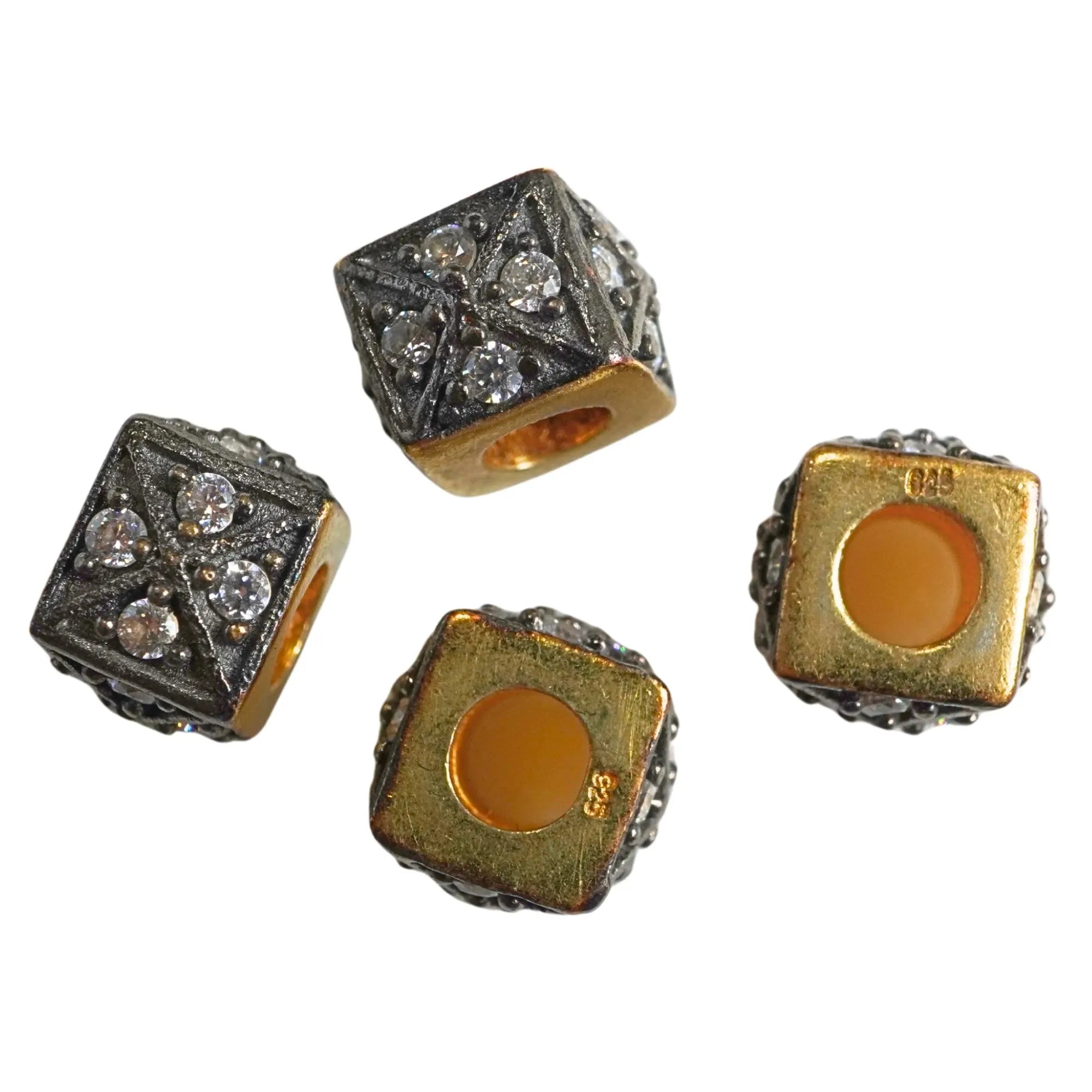 Cubic Zirconia Micro Pave Cube Gold Plated Sterling Silver Antique Spacer Bead