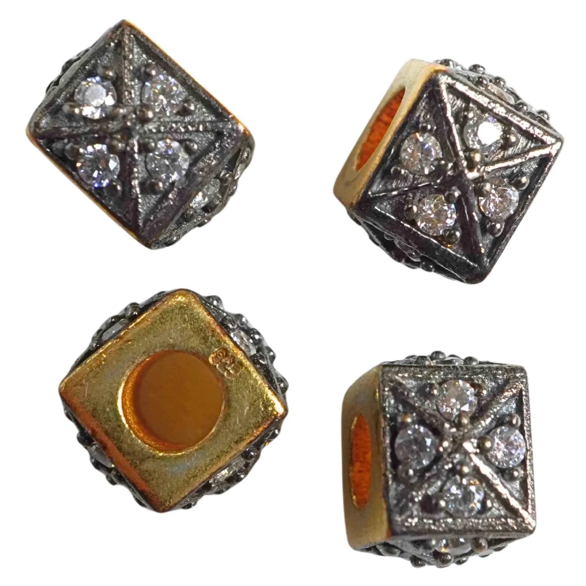Cubic Zirconia Micro Pave Cube Gold Plated Sterling Silver Antique Spacer Bead