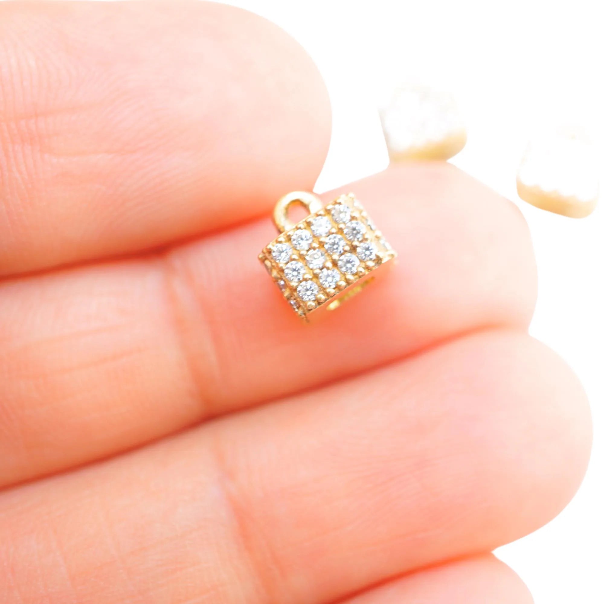Cubic Zirconia Micro Pave Cube Shape Sterling Silver Gold Plated Charm Pendant