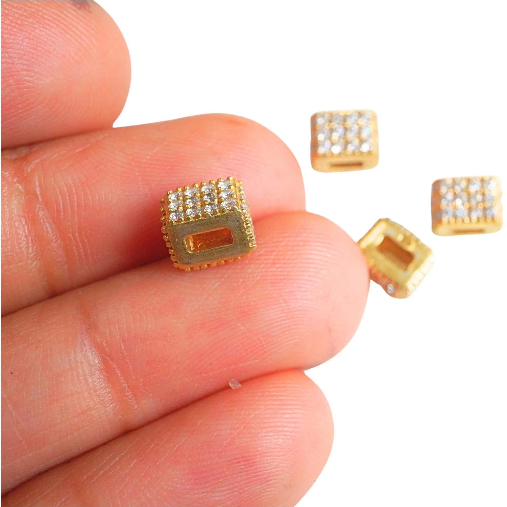 Cubic Zirconia Micro Pave Cube Spacer Beads Gold Plated Sterling Silver 