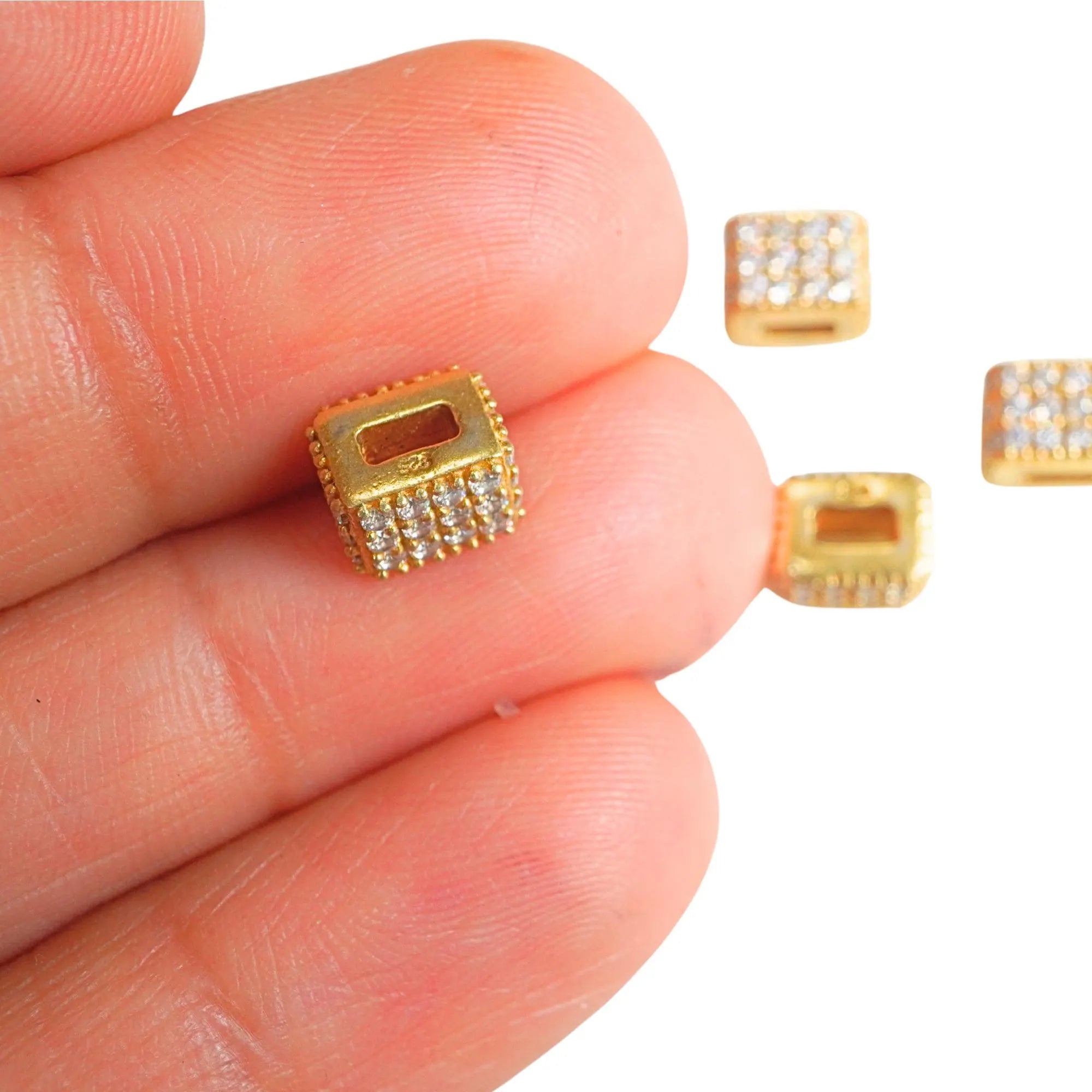 Cubic Zirconia Micro Pave Cube Spacer Beads Gold Plated Sterling Silver 