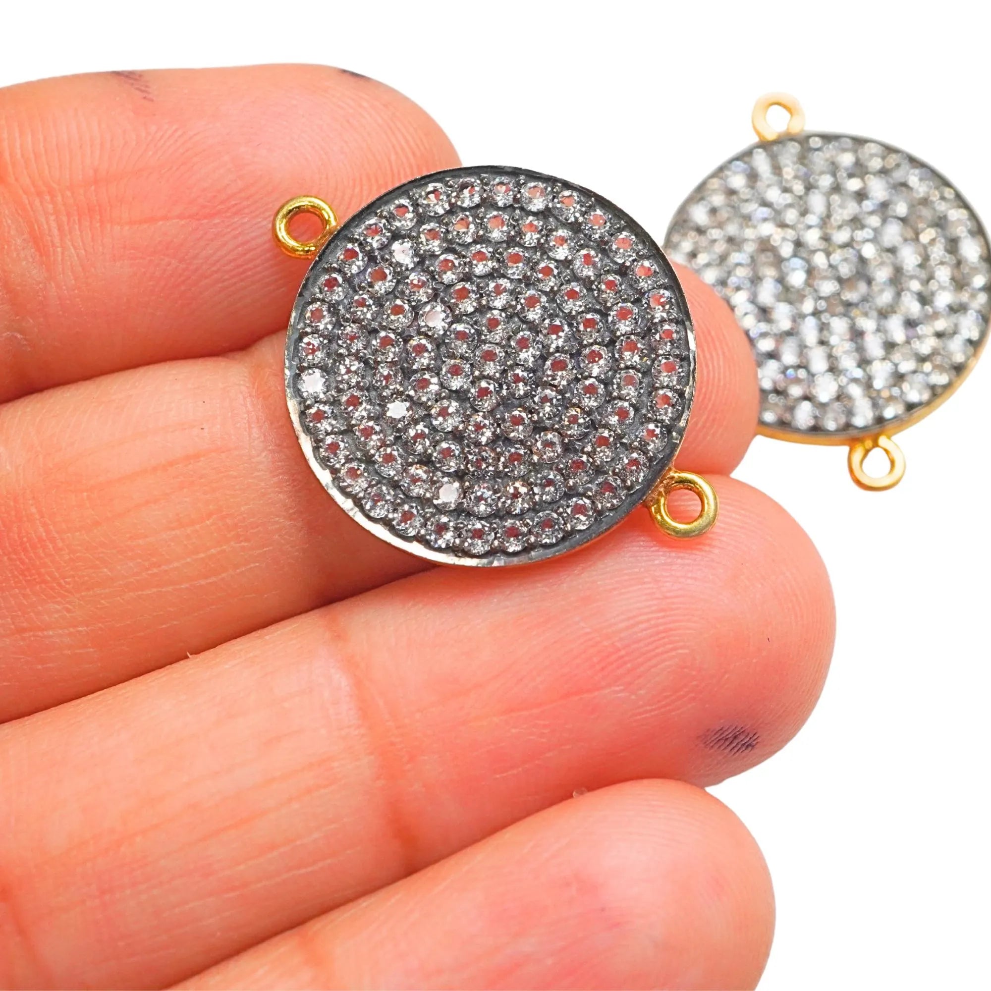 Cubic Zirconia Micro Pave Disc Round Shape Sterling Silver Gold Plated Connector