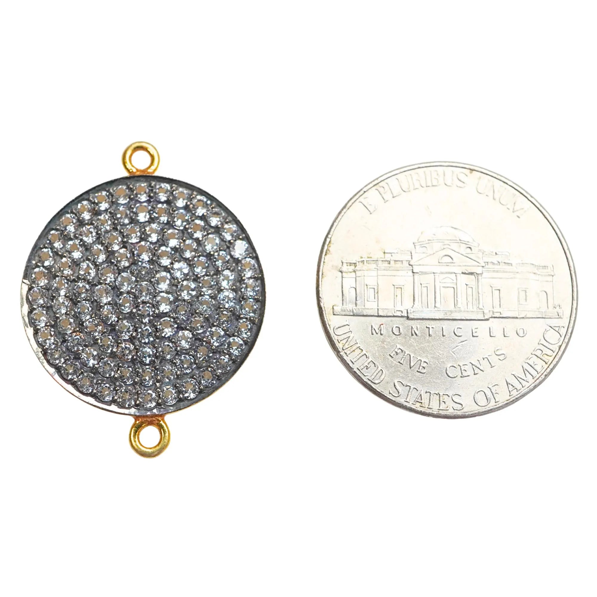 Cubic Zirconia Micro Pave Disc Round Shape Sterling Silver Gold Plated Connector