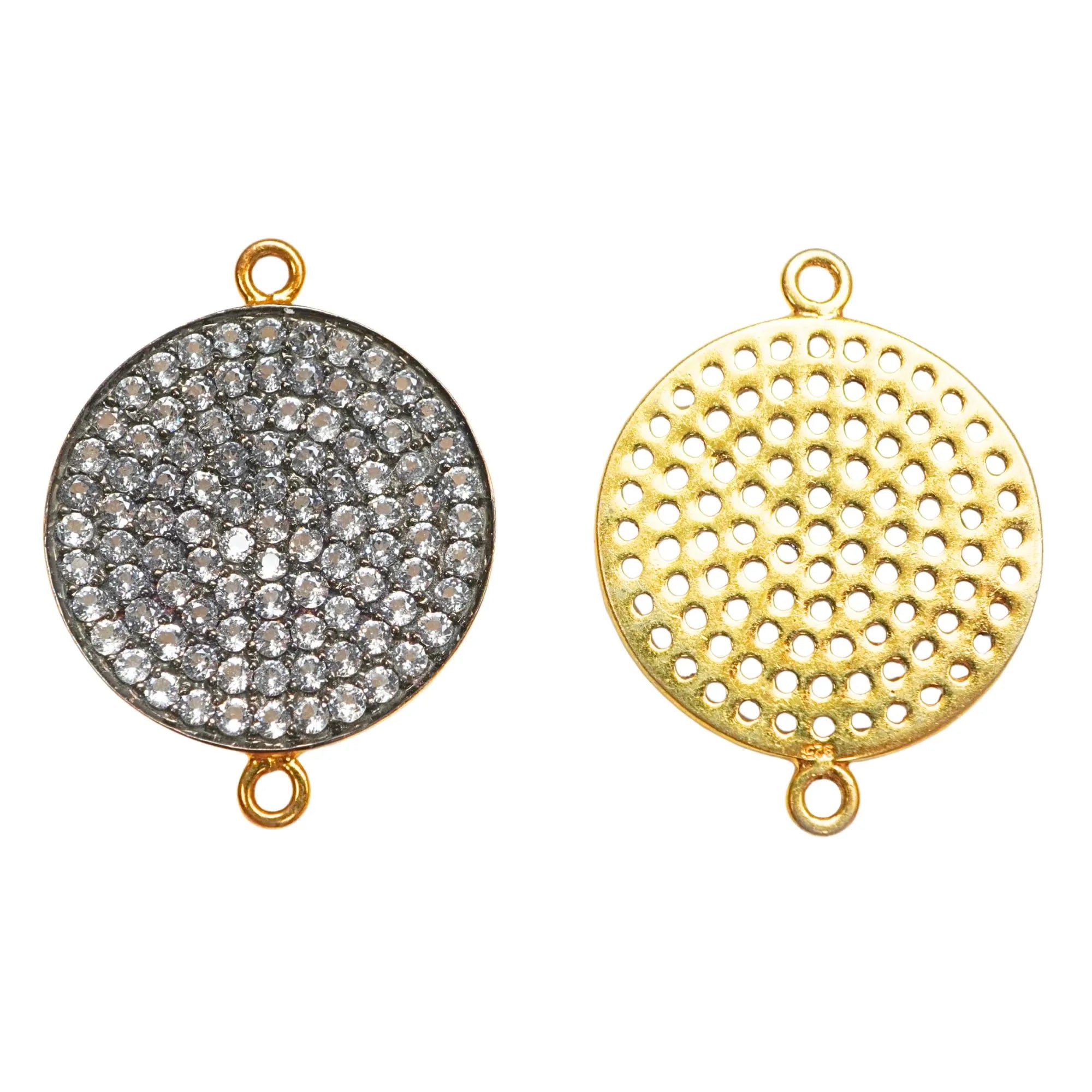 Cubic Zirconia Micro Pave Disc Round Shape Sterling Silver Gold Plated Connector