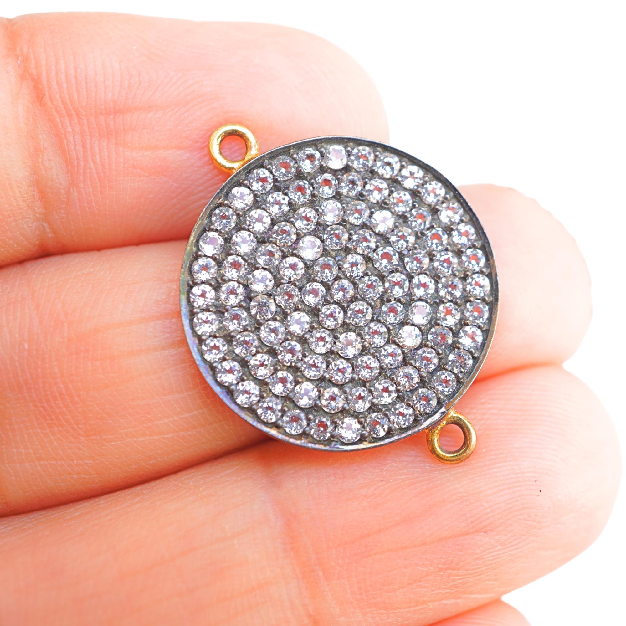 Cubic Zirconia Micro Pave Disc Sterling Silver Gold Plated Charm Connector