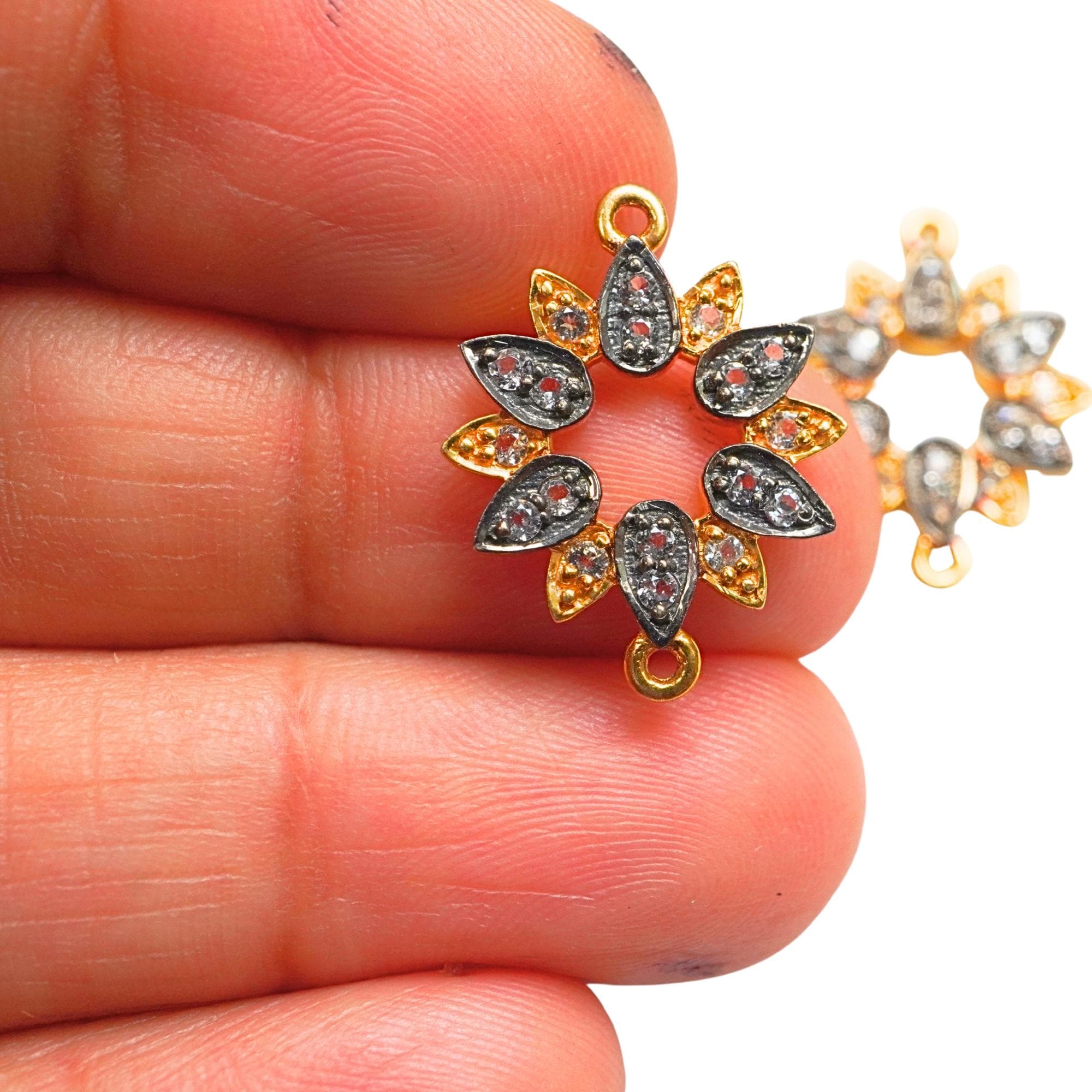 Cubic Zirconia Micro Pave Flower Sterling Silver Gold Plated Charm Connector