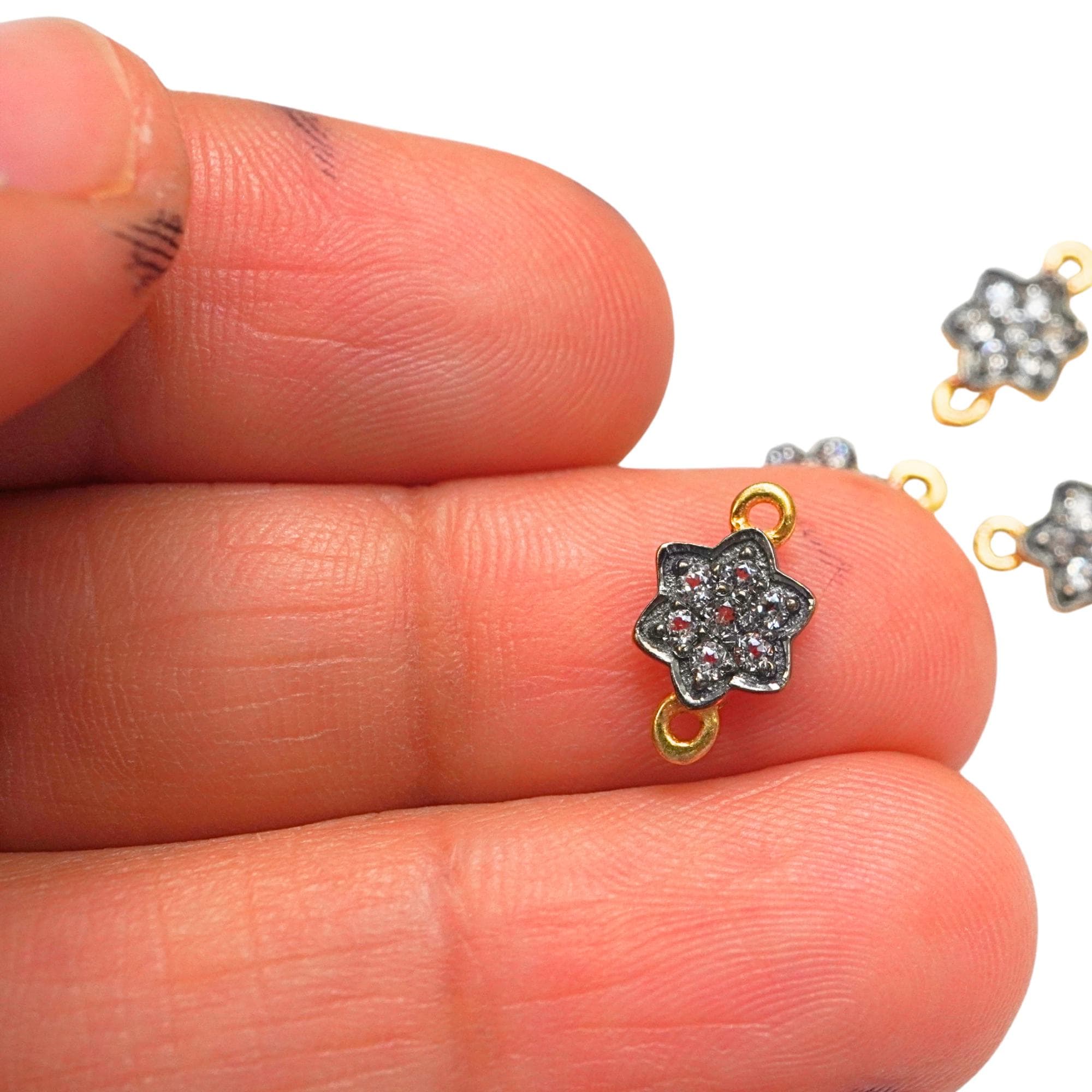 Cubic Zirconia Micro Pave Flower Sterling Silver Gold Plated Charm Connector