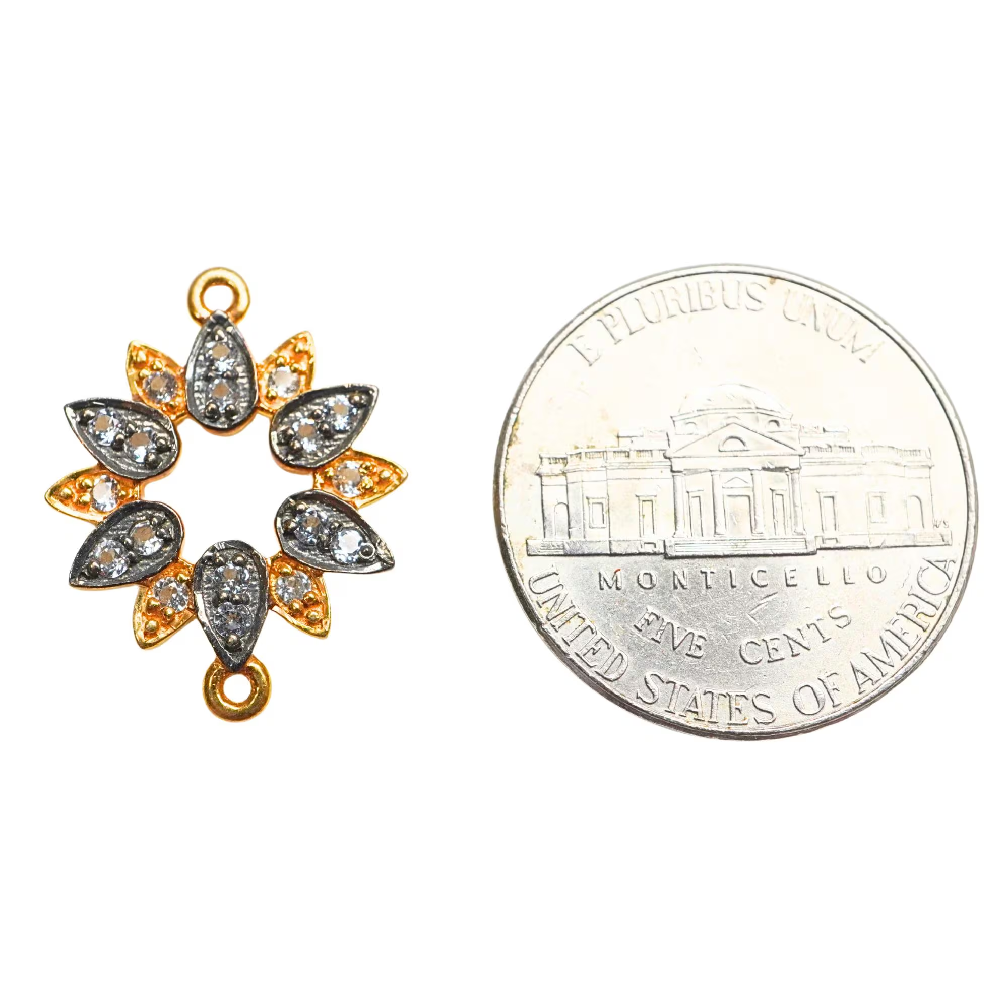 Cubic Zirconia Micro Pave Flower Sterling Silver Gold Plated Charm Connector