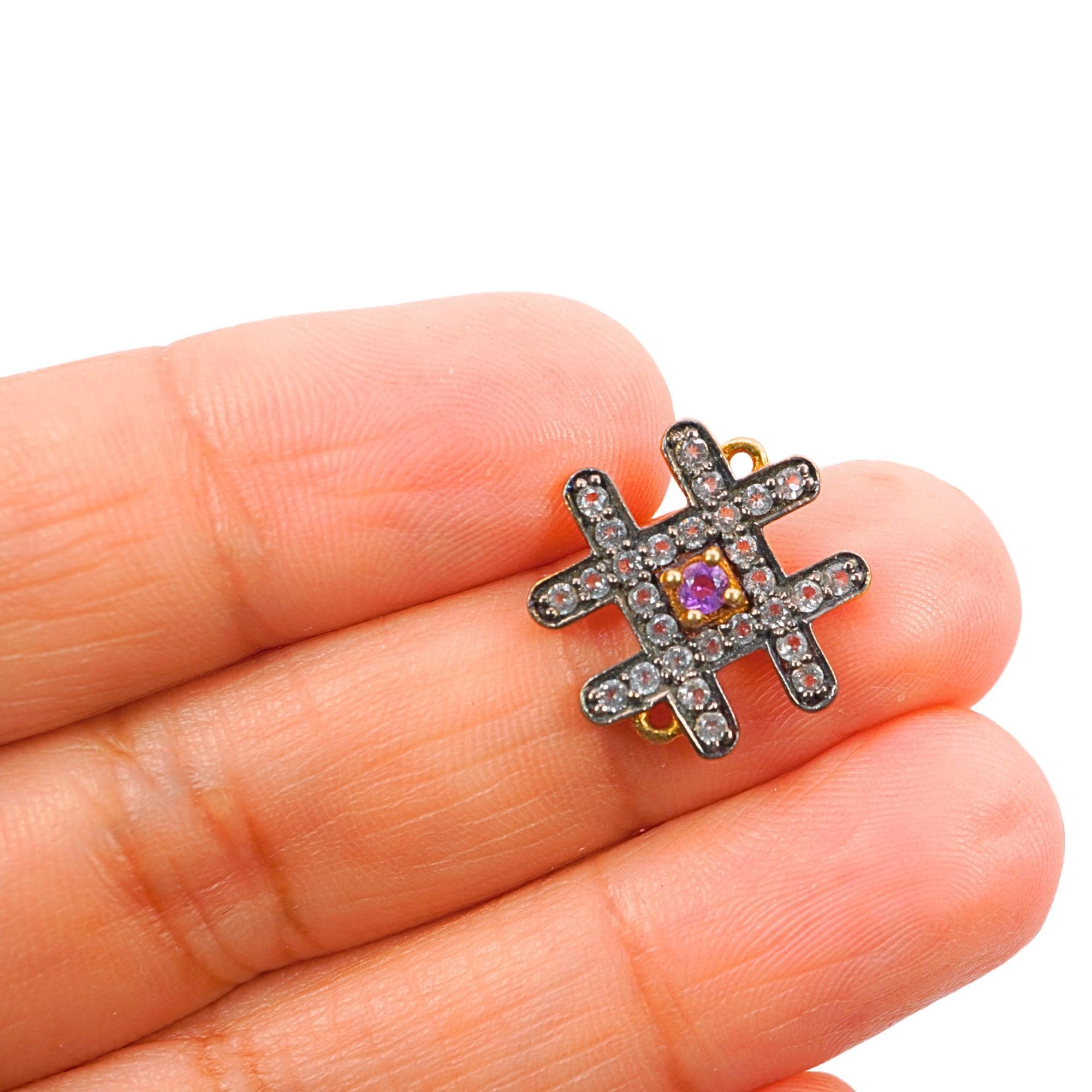 Cubic Zirconia Micro Pave Hashtag Sterling Silver Gold Plated Charm Connector