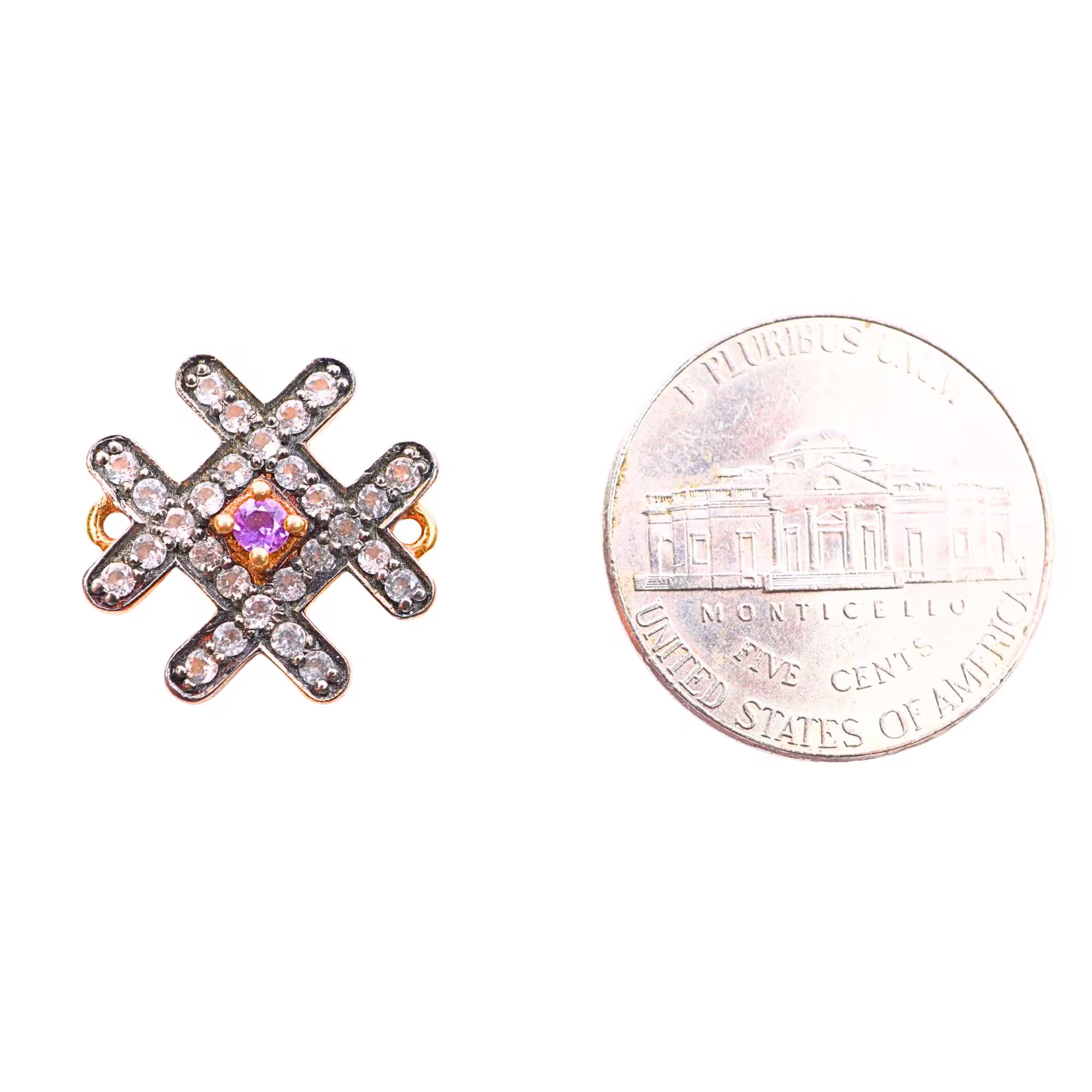 CZ & Amethyst Micro Pave Hashtag Connector 16 X 16 MM Gold Plated Sterling Silver 1 Piece