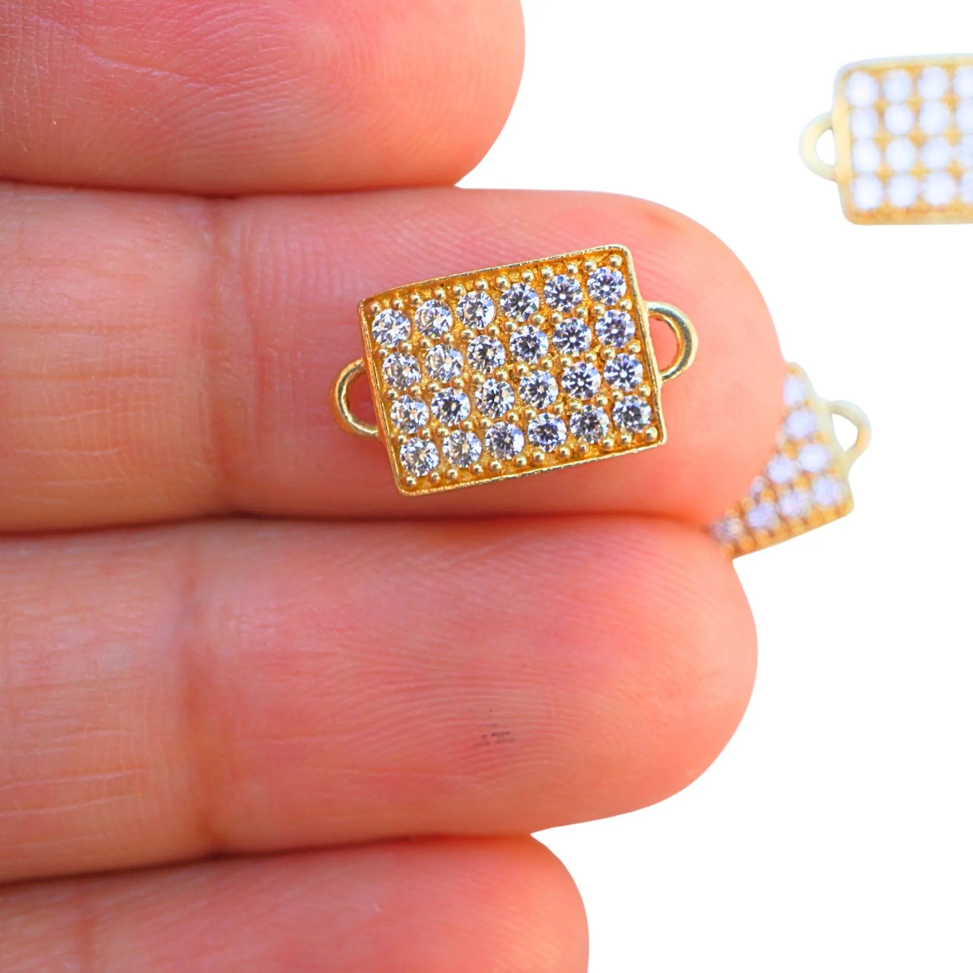 Cubic Zirconia Micro Pave Rectangle Gold Plated Sterling Silver Charm Connector