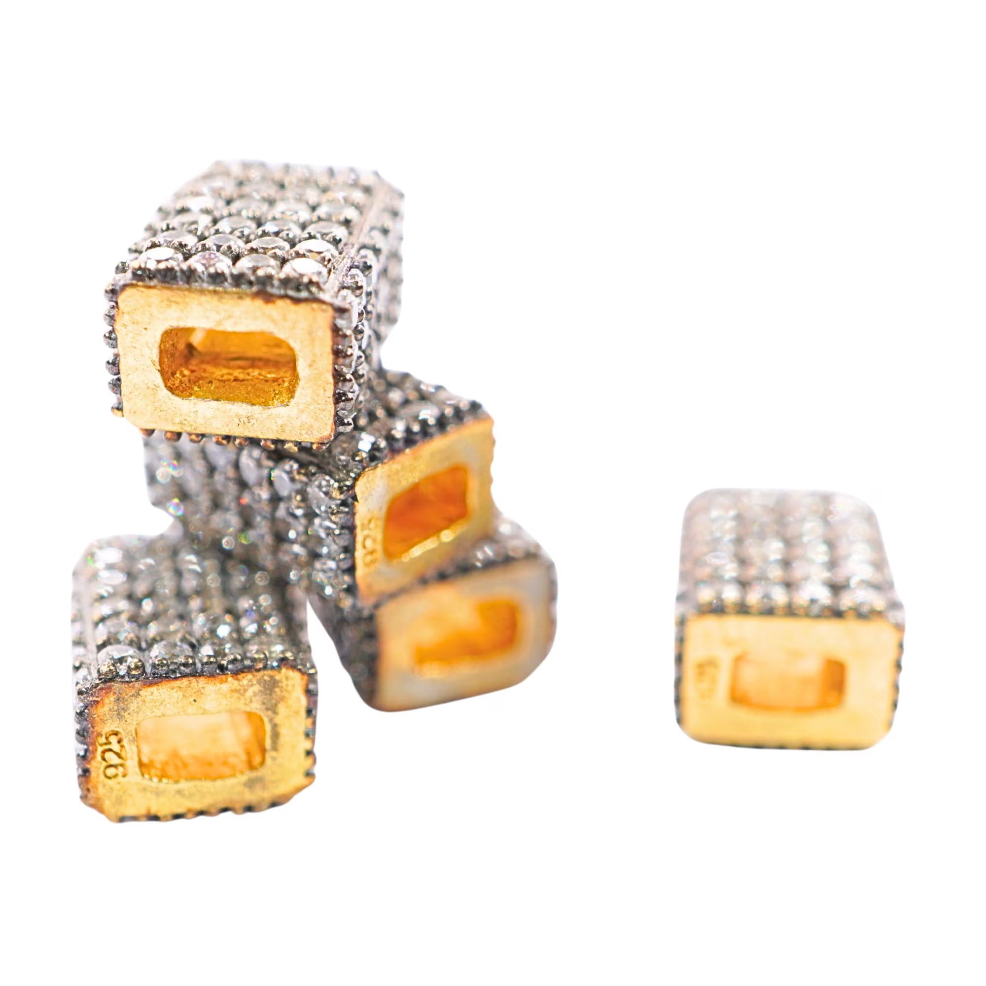 Cubic Zirconia Micro Pave Rectangle Shape Spacer Bead Gold Plated Sterling Silver