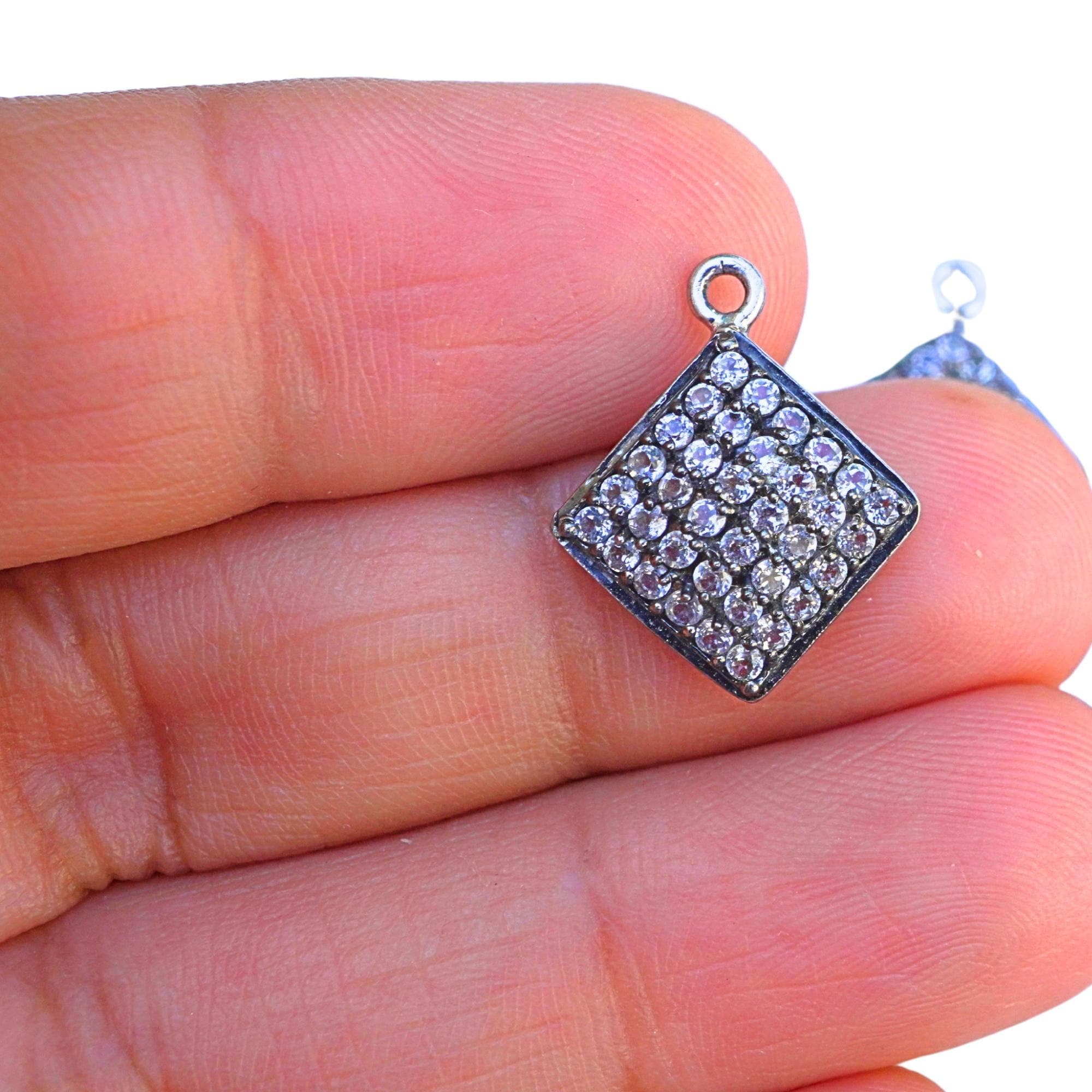 Cubic Zirconia Micro Pave Square Shape Sterling Silver Charm Pendant