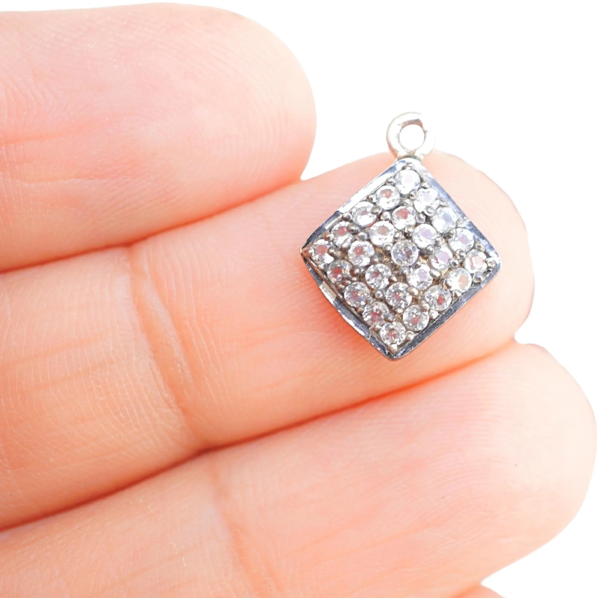 Cubic Zirconia Micro Pave Square Shape Sterling Silver Charm Pendant