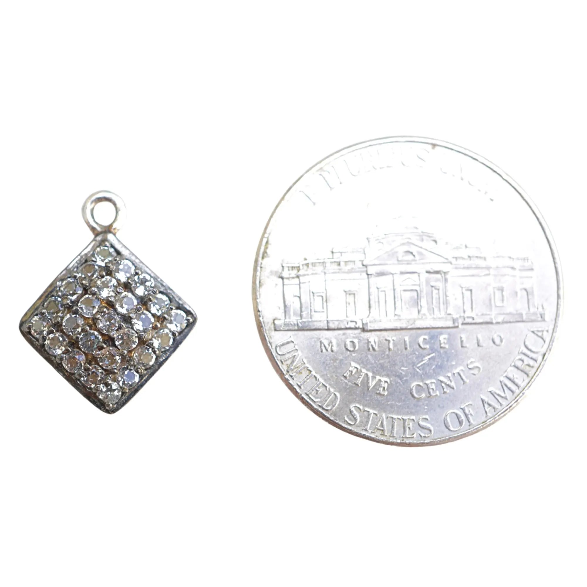 Cubic Zirconia Micro Pave Square Shape Sterling Silver Charm Pendant