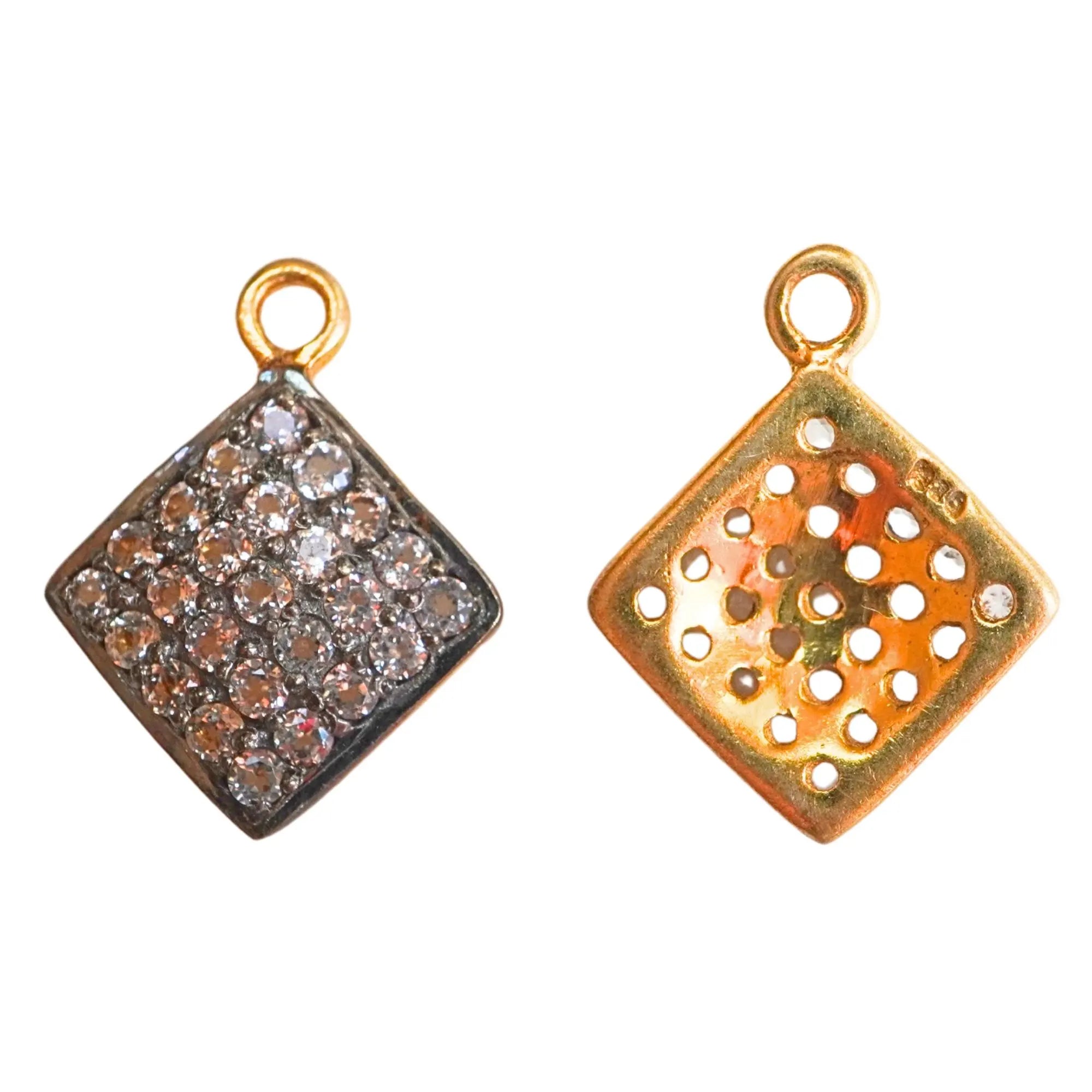 Cubic Zirconia Micro Pave Square Sterling Silver Gold Plated Charm Pendant 