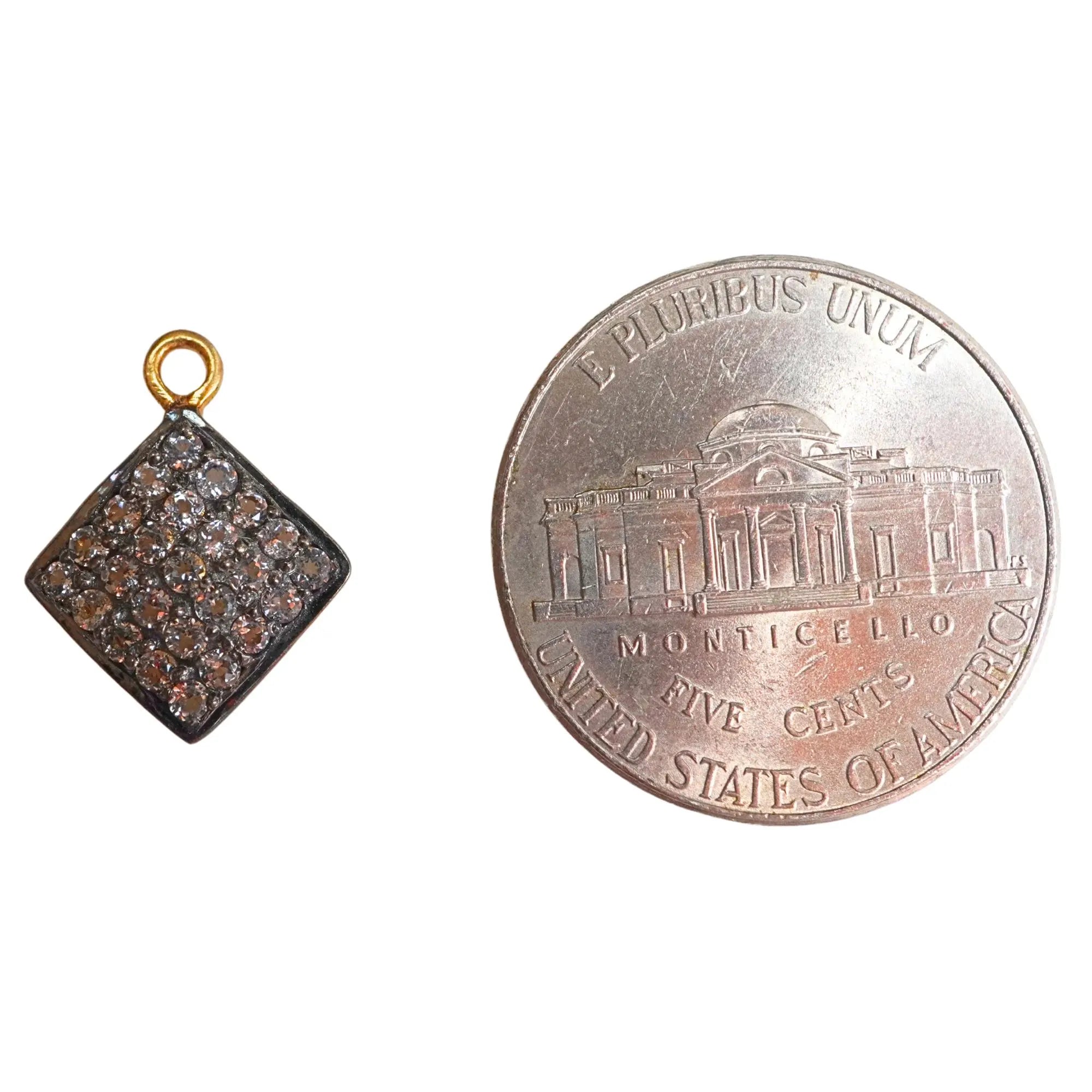 Cubic Zirconia Micro Pave Square Sterling Silver Gold Plated Charm Pendant 