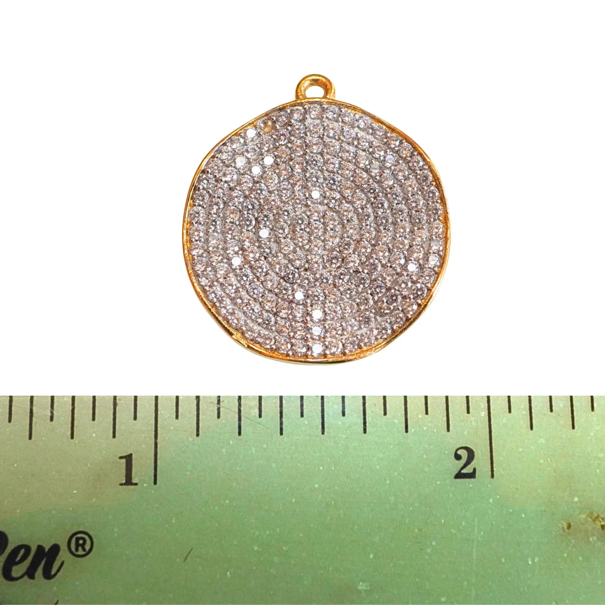 Cubic Zirconia Micro Pave Wavy Disc Sterling Silver Gold Plated Charm Pendant