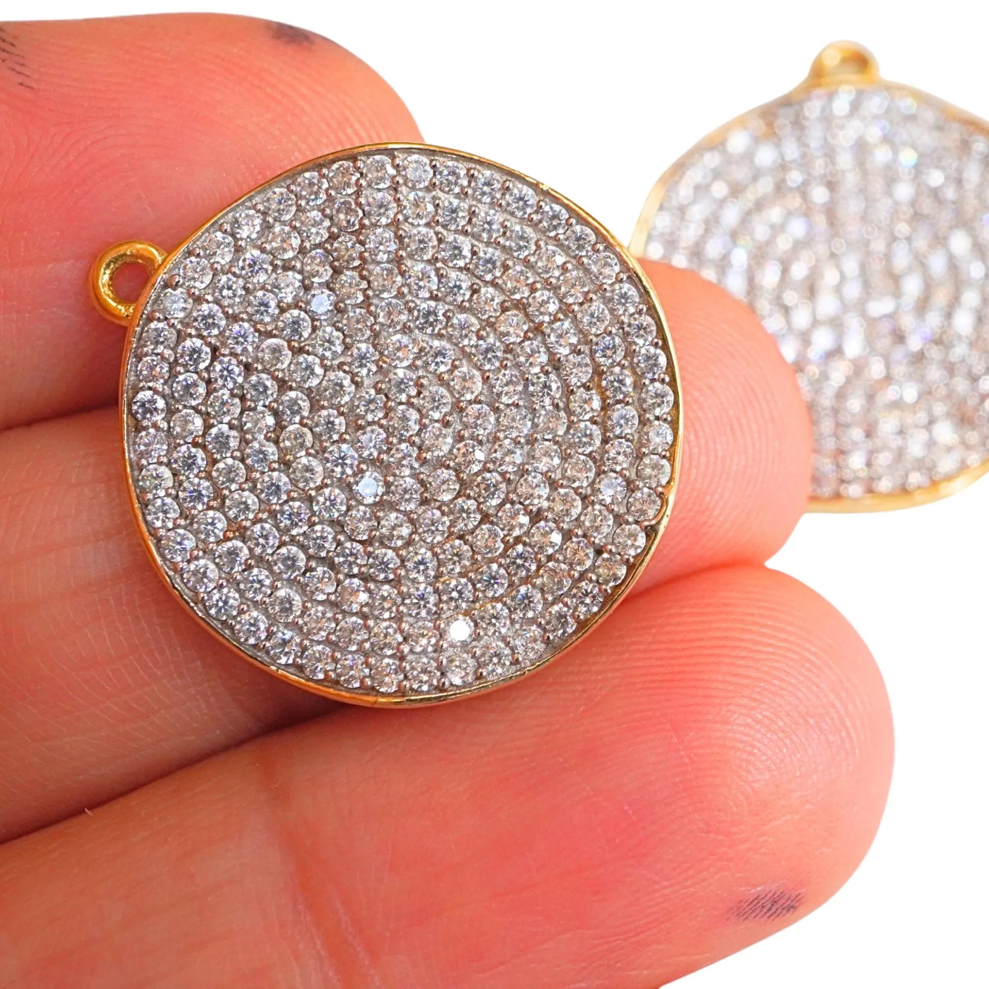 Cubic Zirconia Micro Pave Wavy Disc Sterling Silver Gold Plated Charm Pendant