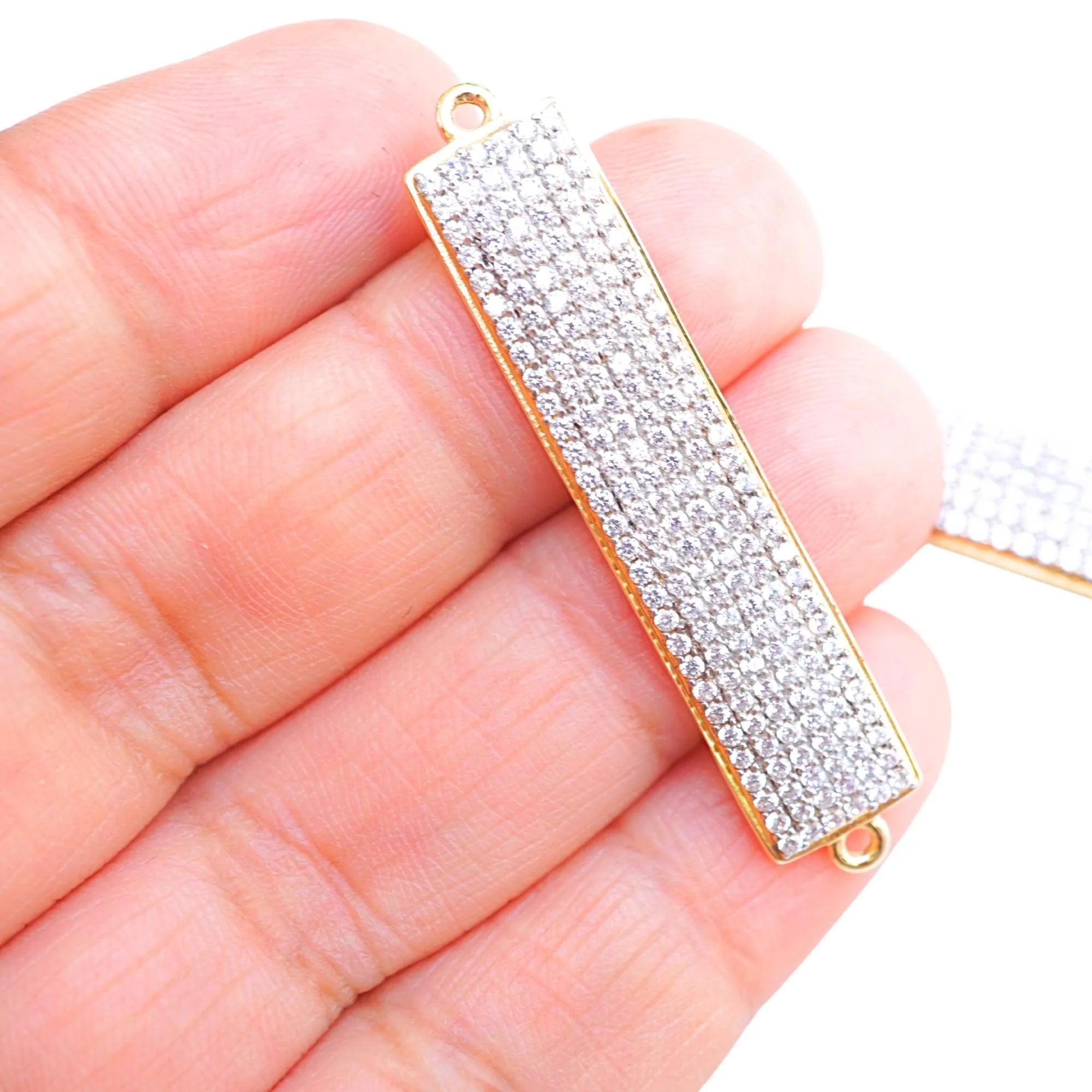 Cubic Zirconia Micro Pave Bar Sterling Silver Gold Plated Charm Connector