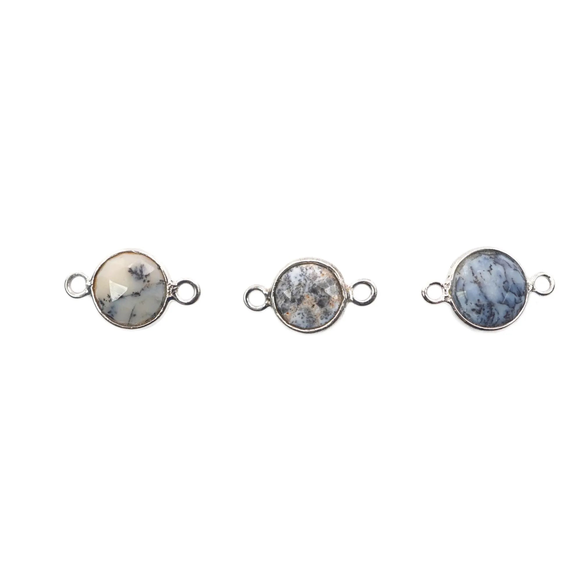 Dendrite Opal Coin Shape Gemstone Silver Plated Sterling Silver Bezel Charm Connector
