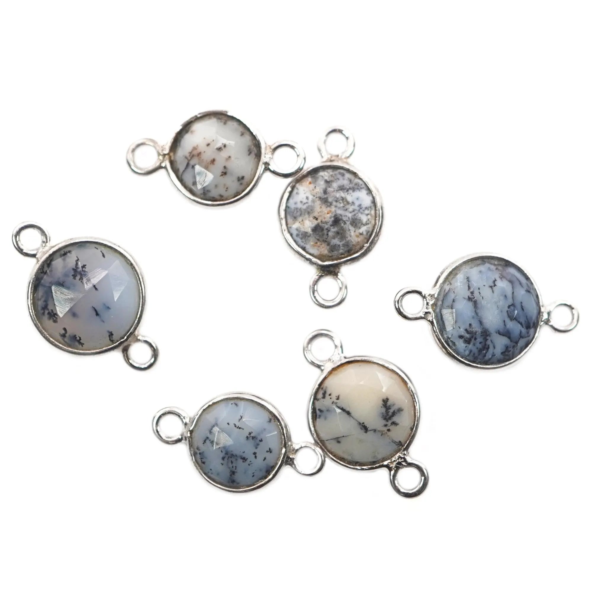Dendrite Opal Coin Shape Gemstone Silver Plated Sterling Silver Bezel Charm Connector