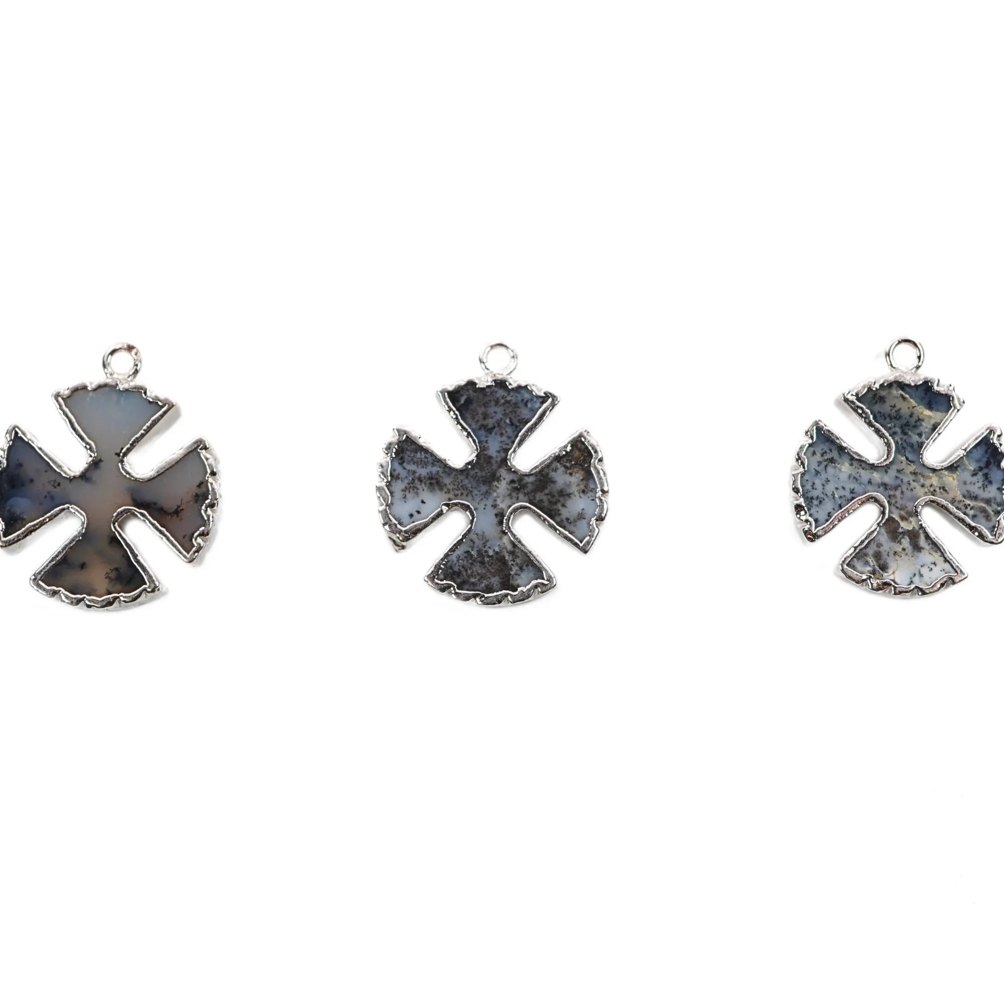 Dendritic Opal Viking Cross Gemstone Silver Electroplated Charm Pendant