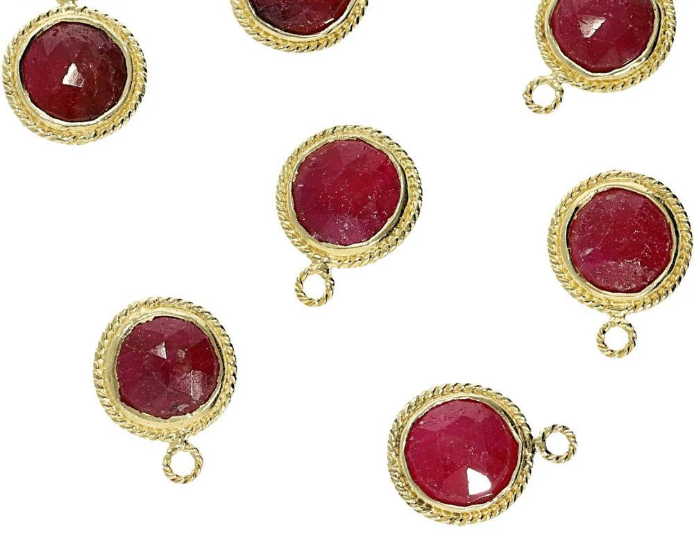 Dyed Ruby Coin Shape Twisted Wire Gold Plated Sterling Silver Pendant