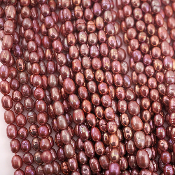 6 x 4 - 3 MM Raspberry Rice / Oval Freshwater Pearls Beads