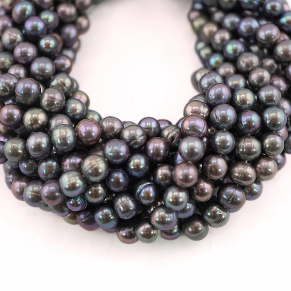 7 x 6 - 6 MM Peacock Near Round Freshwater Pearls Beads