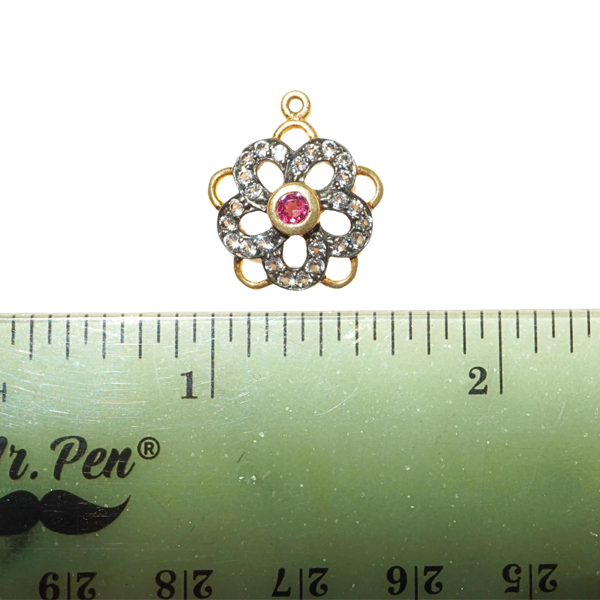 Garnet & Ruby CZ Micro Pave Flower Shape Charm Pendant Sterling Silver Gold Plated