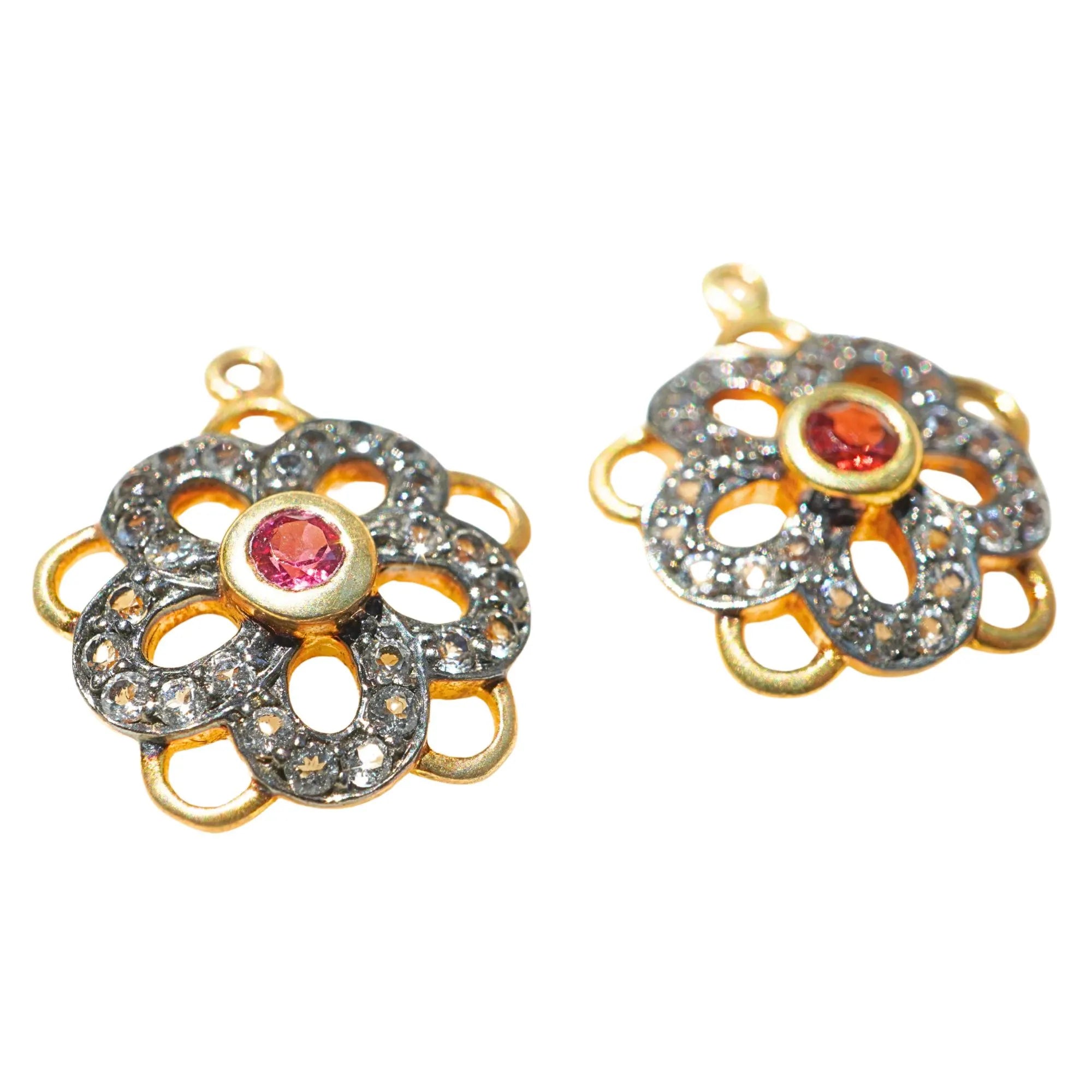 Garnet & Ruby CZ Micro Pave Flower Shape Charm Pendant Sterling Silver Gold Plated