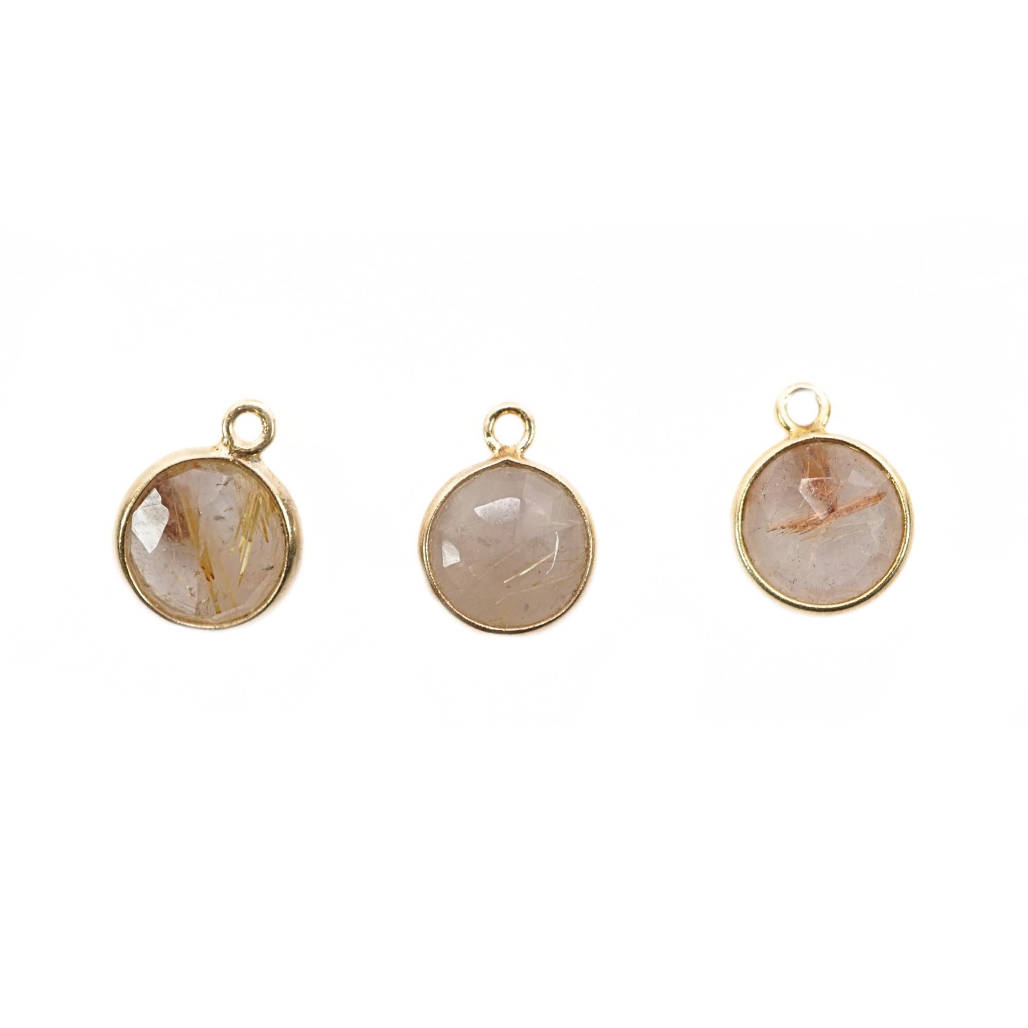 Golden Rutile Quartz Coin Shape Gemstone Gold Plated Sterling Silver Bezel Charm Pendant