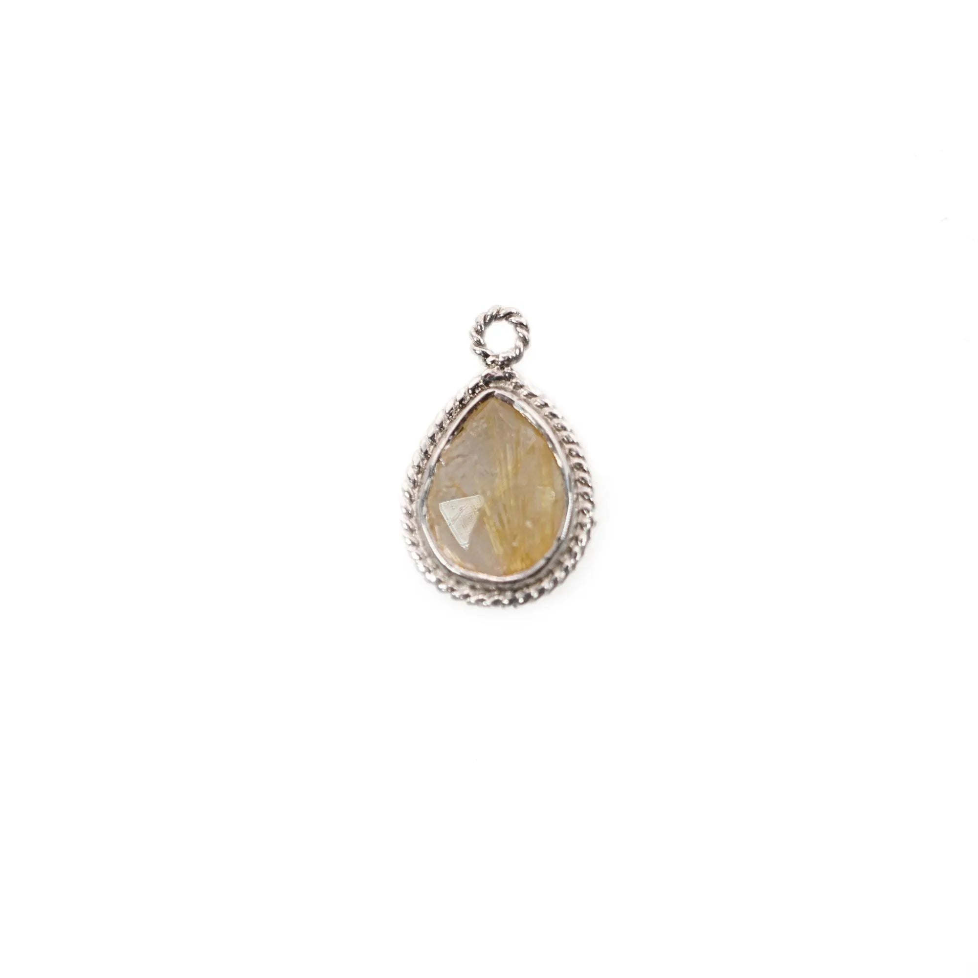 Golden Rutile Quartz Faceted Pear Shape Gemstone Sterling Silver Charm Pendant