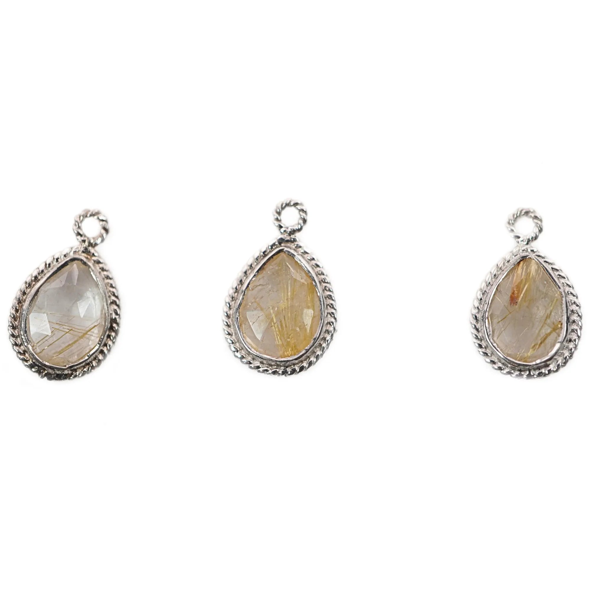 Golden Rutile Quartz Faceted Pear Shape Gemstone Sterling Silver Charm Pendant
