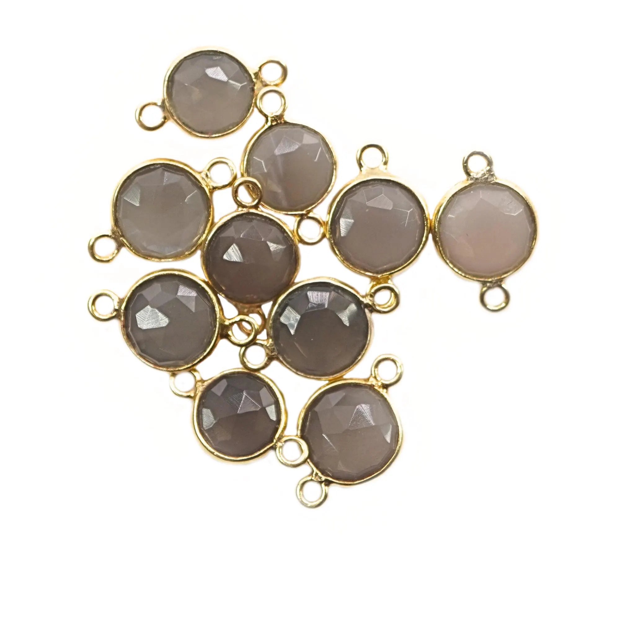 Gray Moonstone Coin Shape Gemstone Gold Plated Sterling Silver Bezel Charm Connector