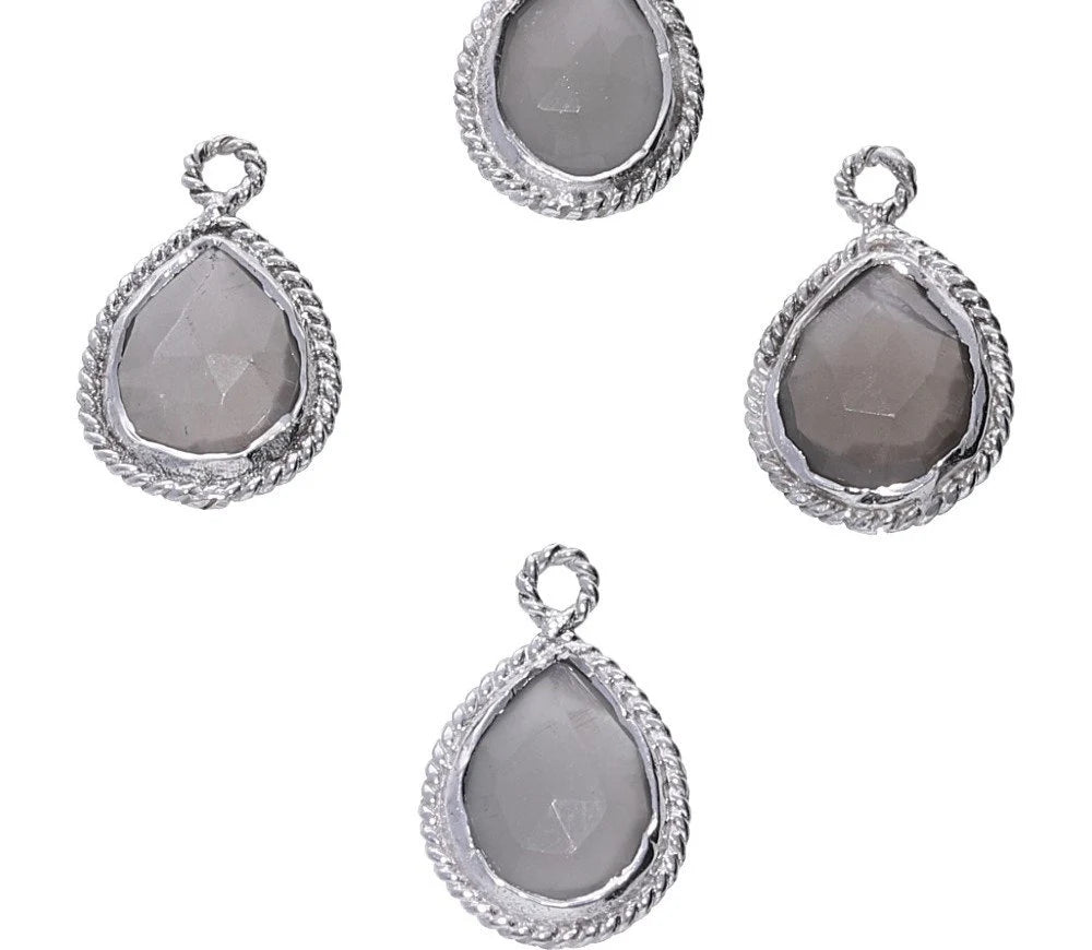 Gray Moonstone Pear Shape Twisted Wire Sterling Silver Bezel Charm Pendant