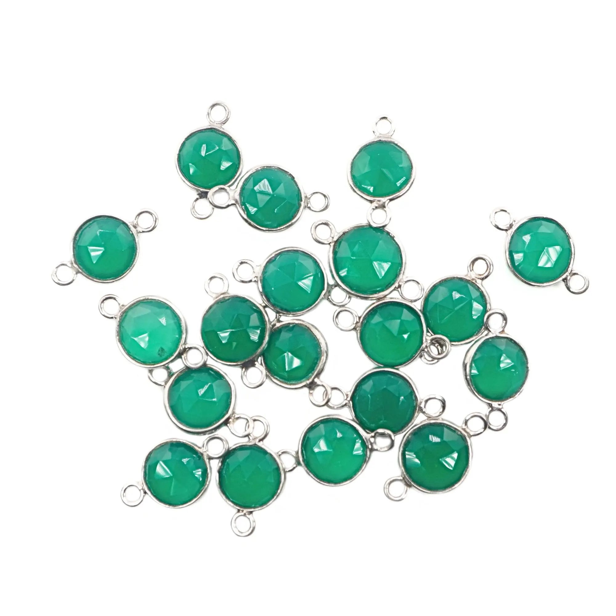 Green Onyx Coin Shape Gemstone Silver Plated Sterling Silver Bezel Charm Connector
