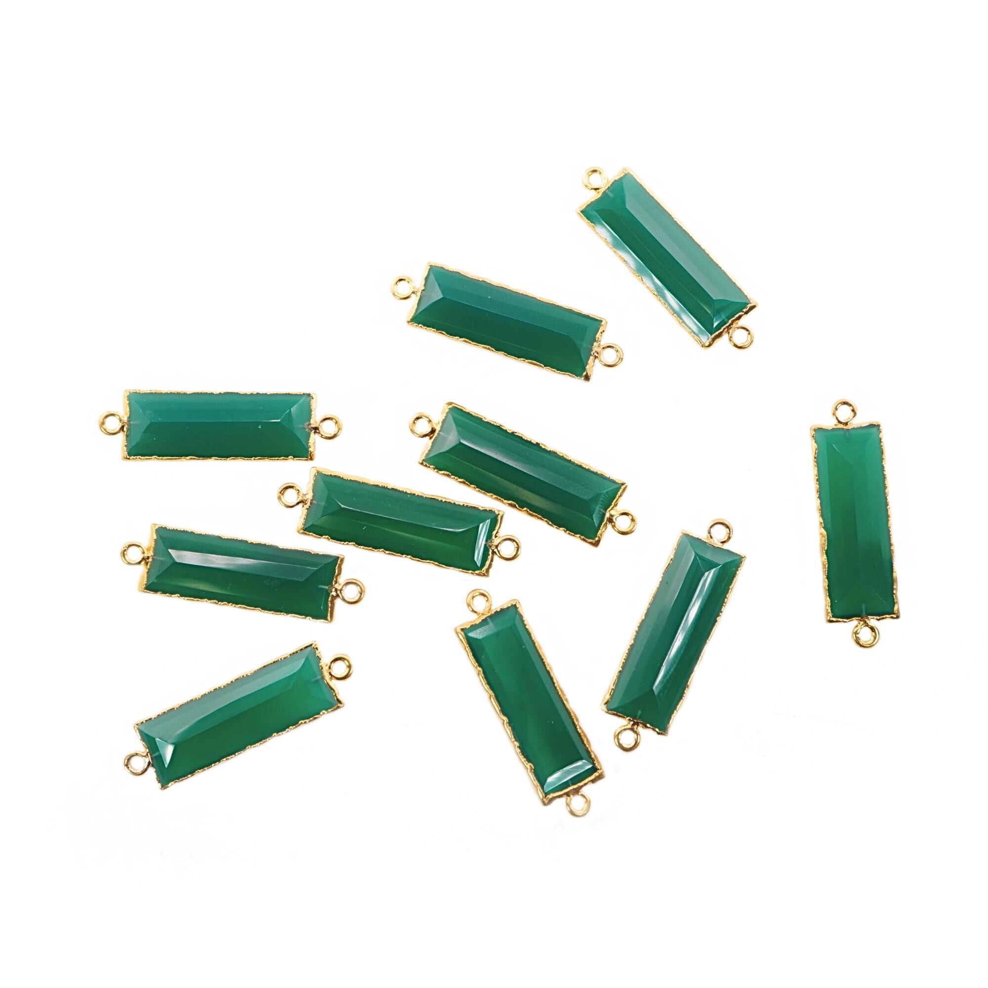 Green Onyx Rectangle Gemstone Gold Electroplated Bar Charm Connector