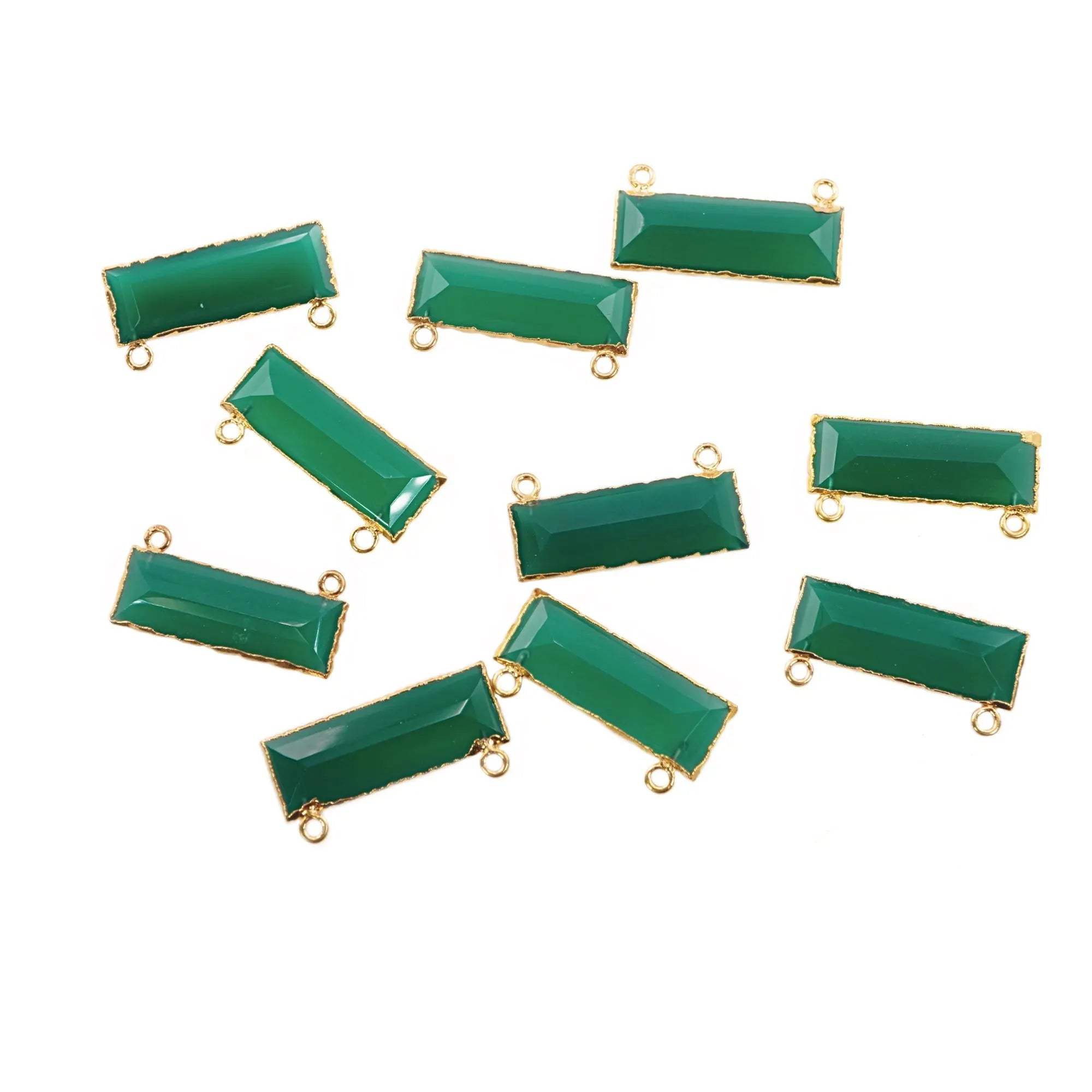Green Onyx Rectangle Shape Gemstone Gold Electroplated Two Bails Bar Charm Connector