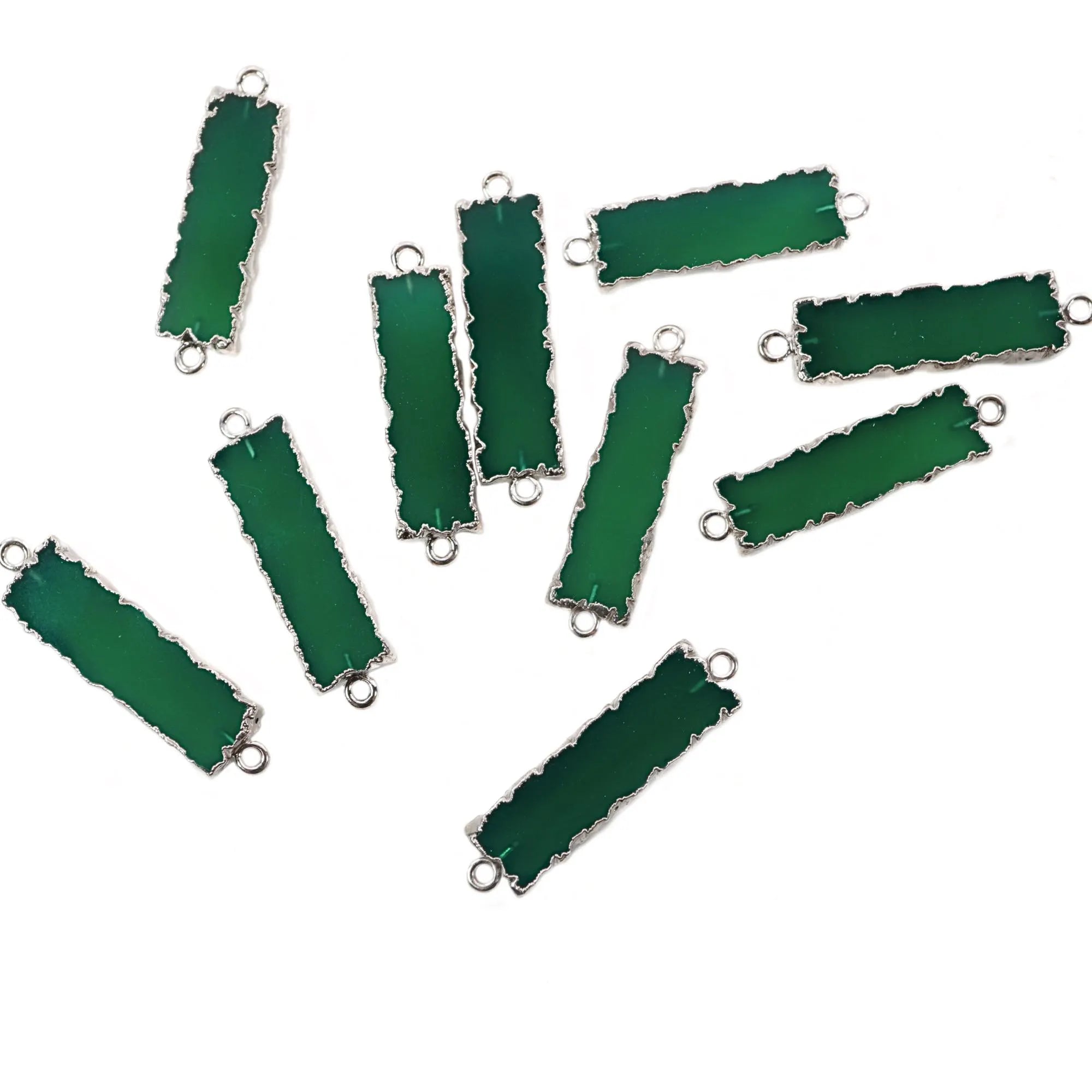 Green Onyx Rectangle Shape Gemstone Silver Electroplated Bar Charm Connector