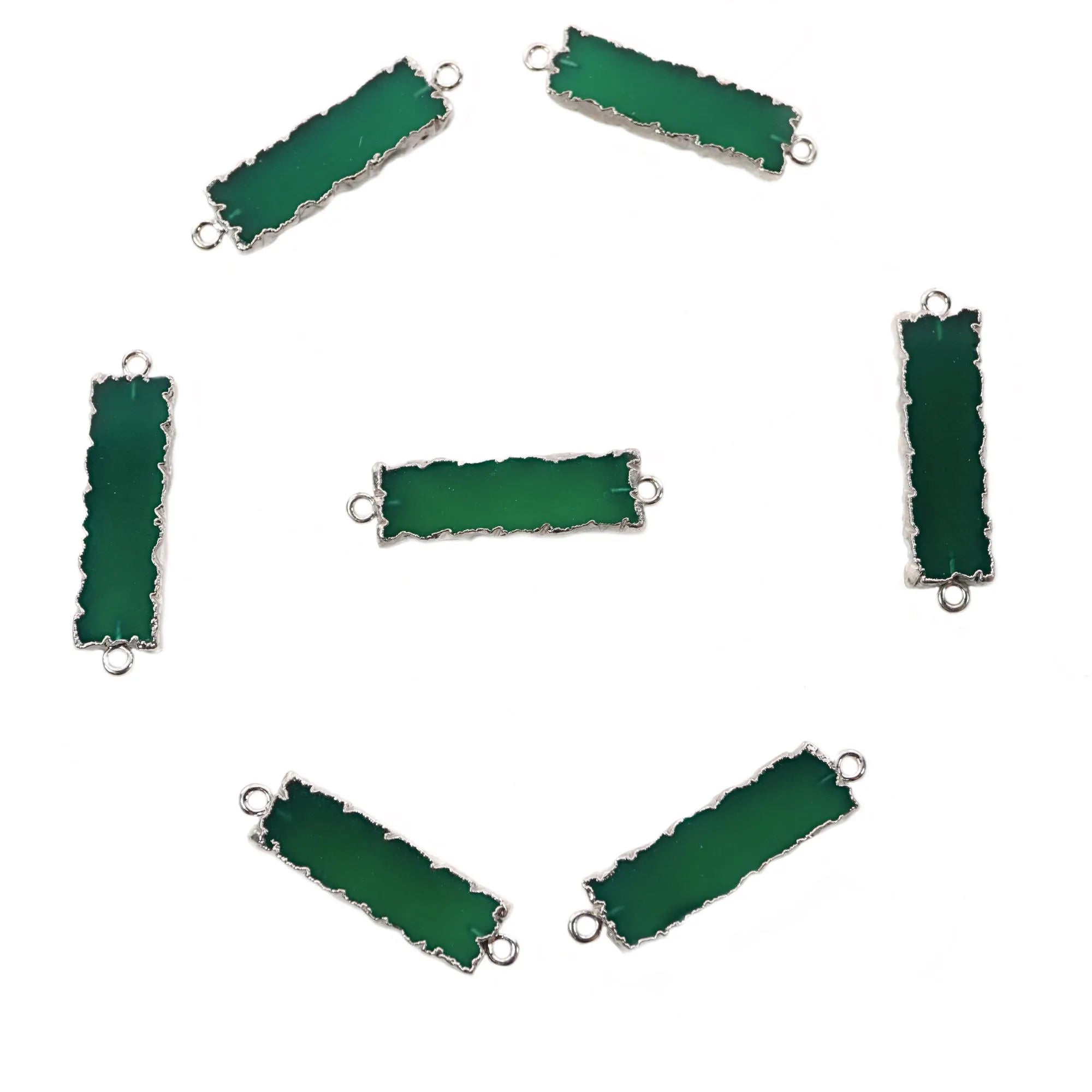 Green Onyx Rectangle Shape Gemstone Silver Electroplated Bar Charm Connector