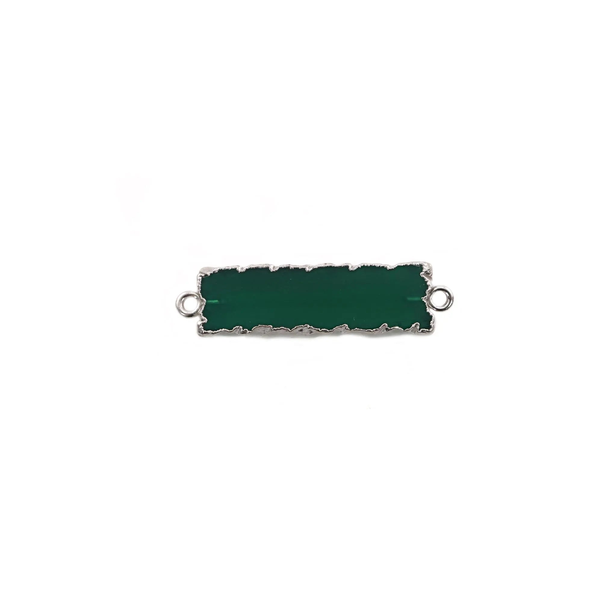 Green Onyx Rectangle Shape Gemstone Silver Electroplated Bar Charm Connector