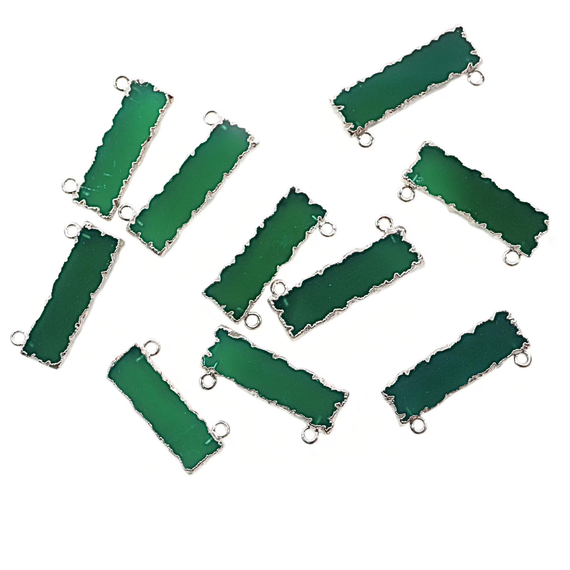 Green Onyx Rectangle Shape Gemstone Silver Electroplated Two Bails Bar Charm Connector