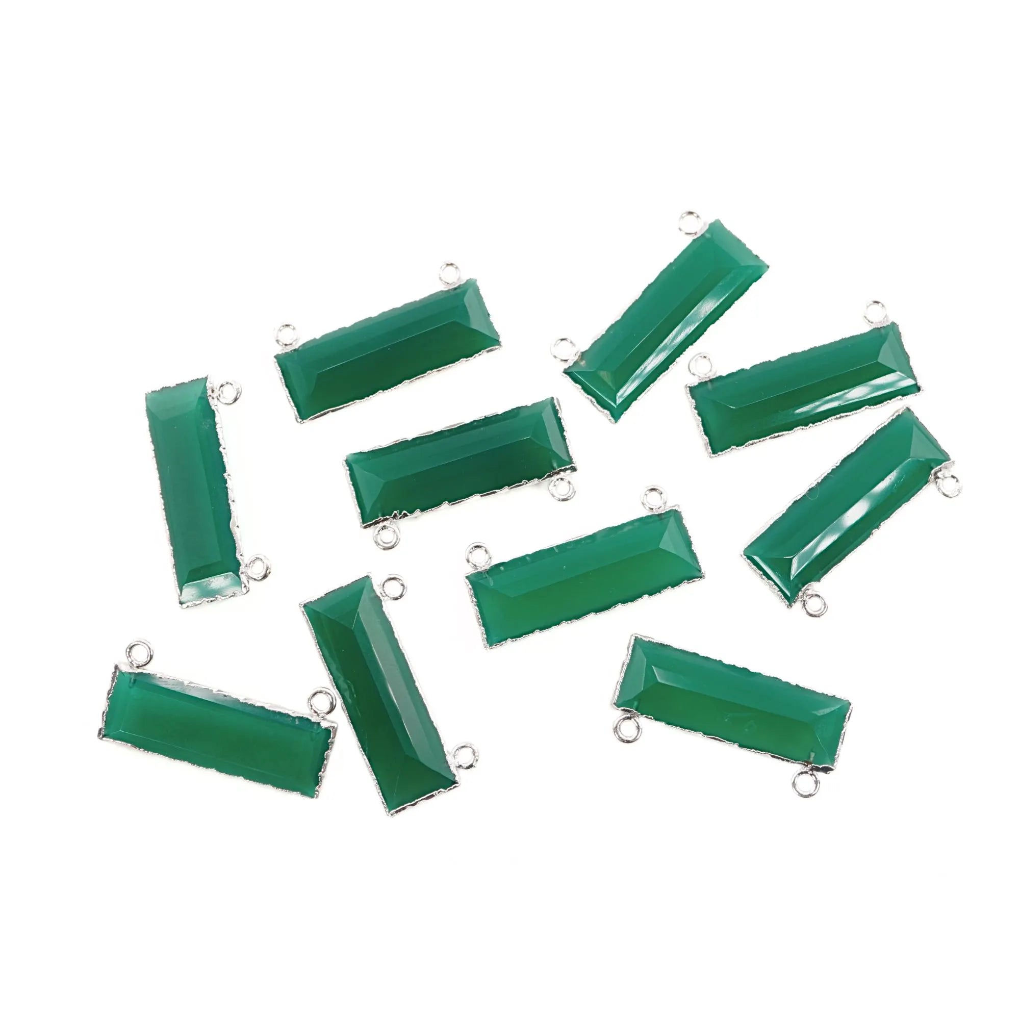 Green Onyx Rectangle Shape Gemstone Silver Electroplated Two Bails Bar Charm Connector