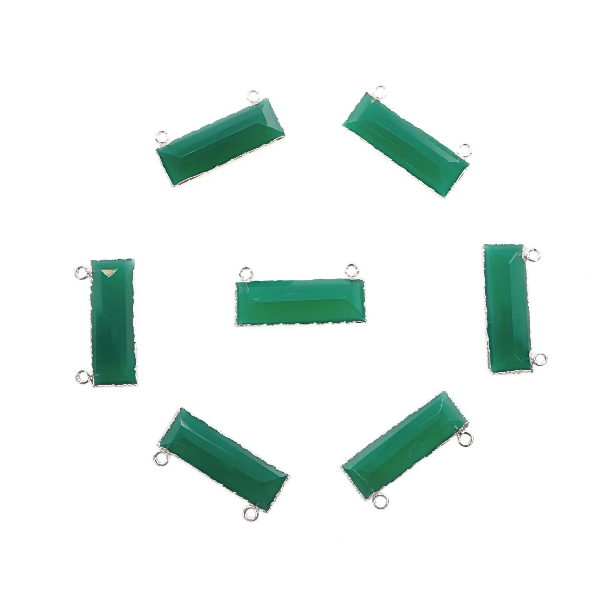 Green Onyx Rectangle Shape Gemstone Silver Electroplated Two Bails Bar Charm Connector