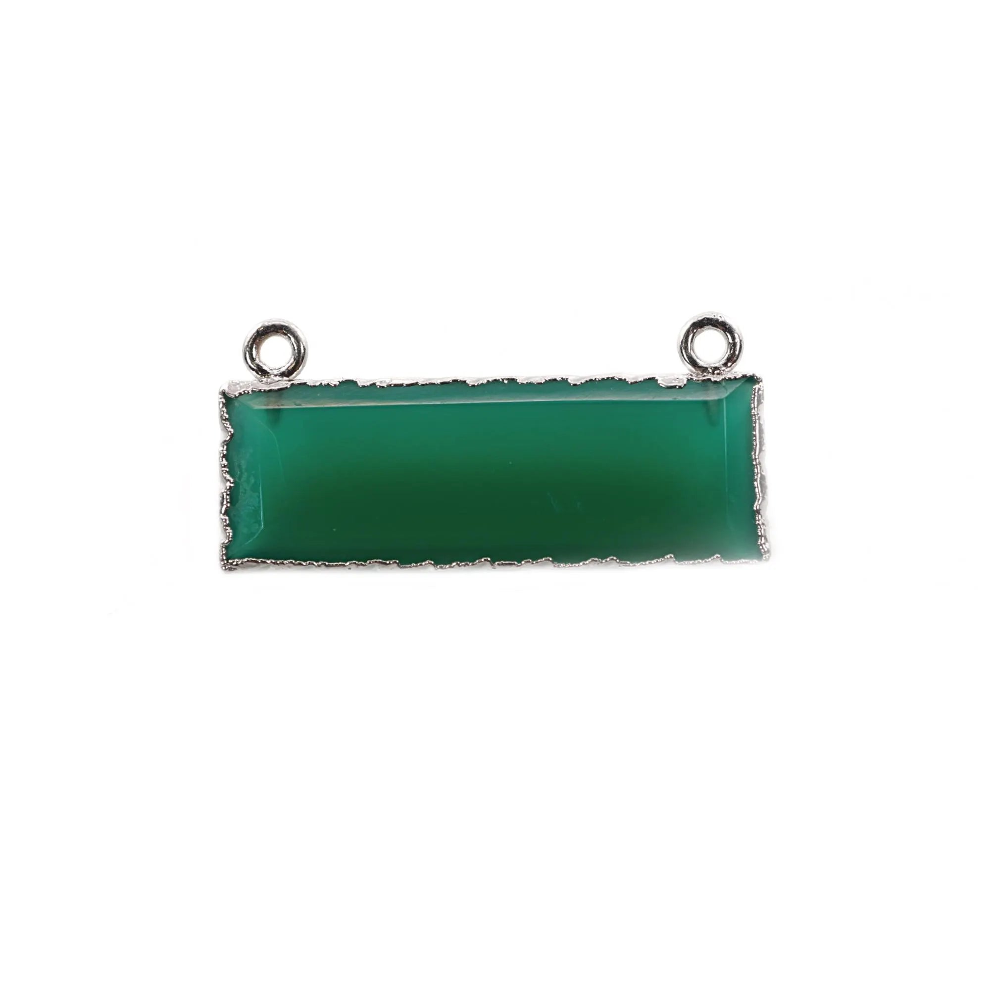 Green Onyx Rectangle Shape Gemstone Silver Electroplated Two Bails Bar Charm Connector
