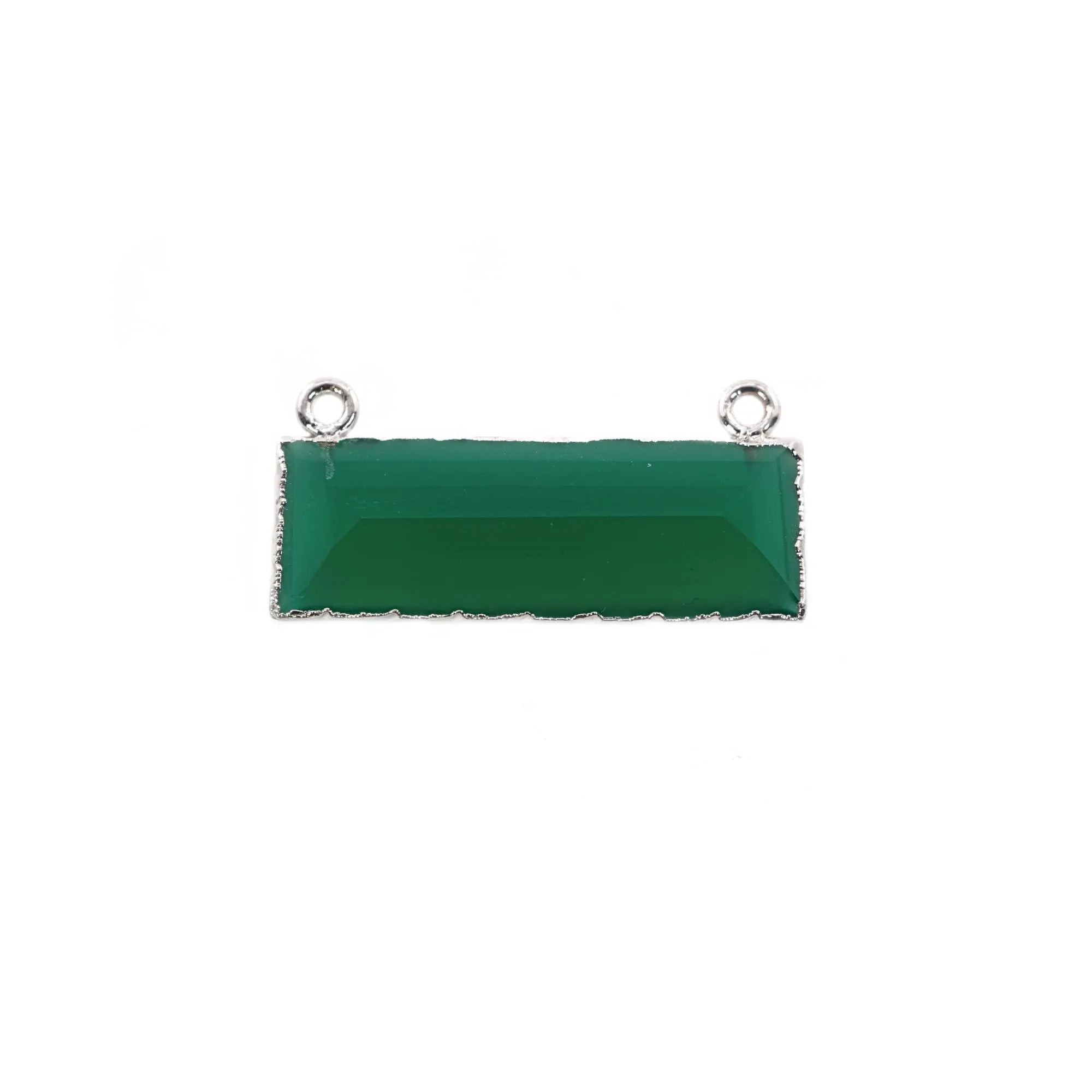 Green Onyx Rectangle Shape Gemstone Silver Electroplated Two Bails Bar Charm Connector