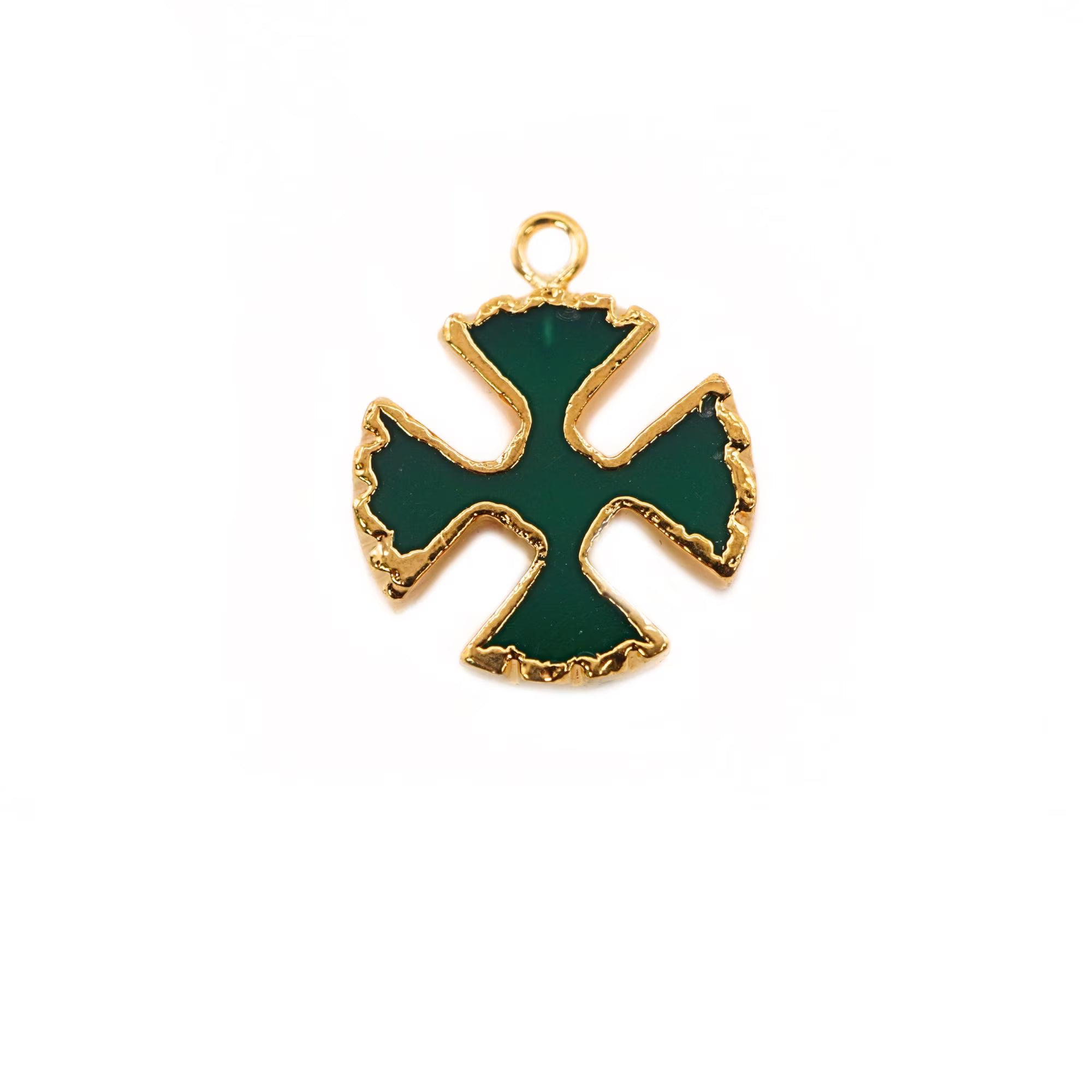 Green Onyx Viking Cross Gemstone Gold Electroplated Charm Pendant 