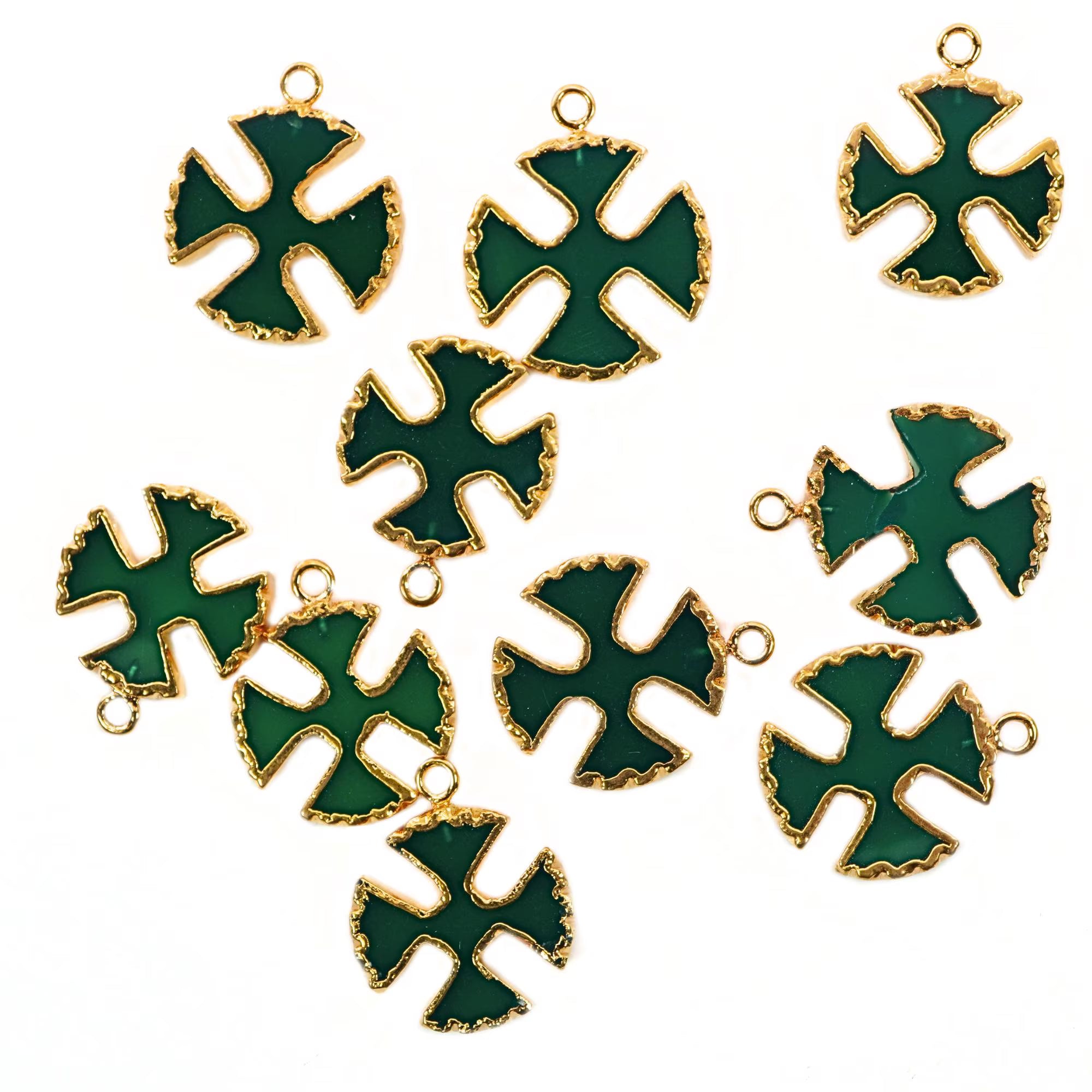 Green Onyx Viking Cross Gemstone Gold Electroplated Charm Pendant 